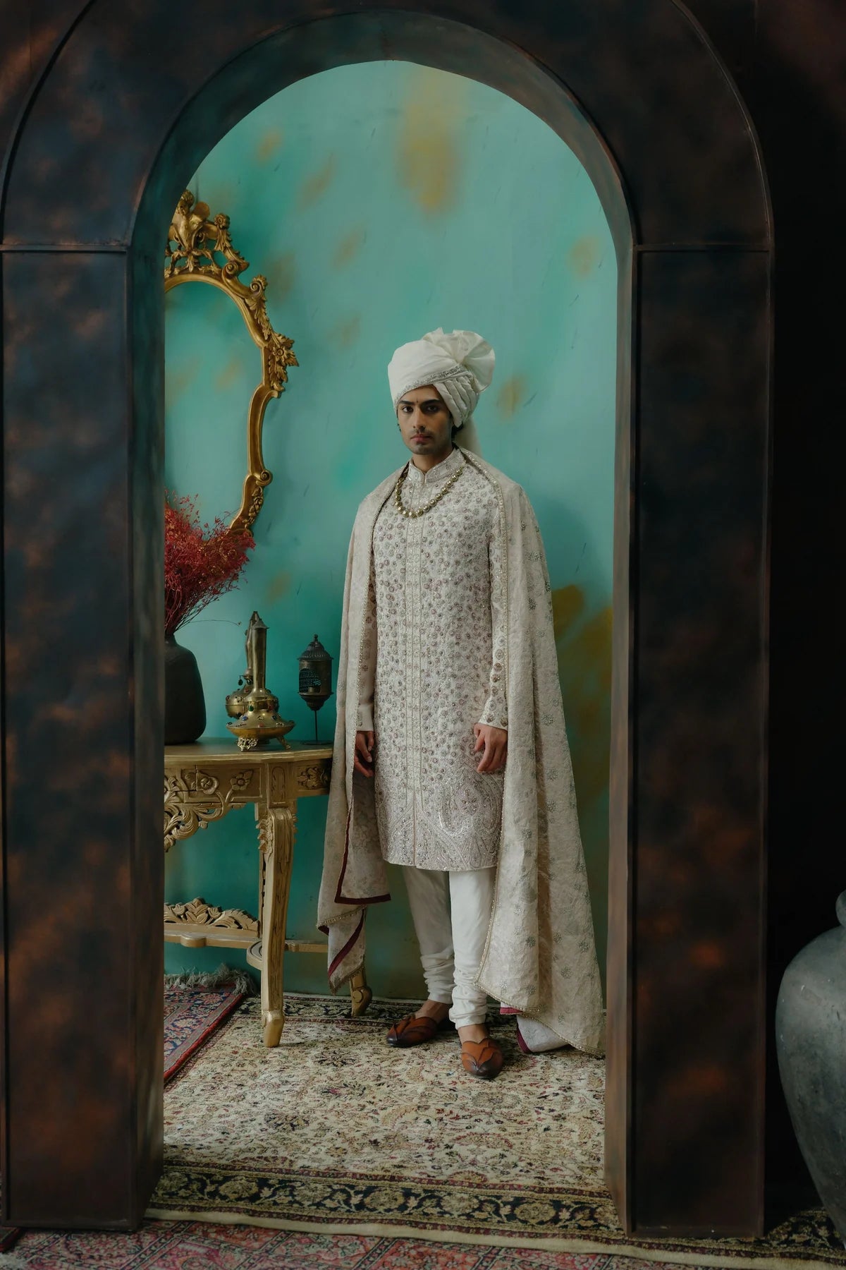 Rose cream hand embroidered silk sherwani set