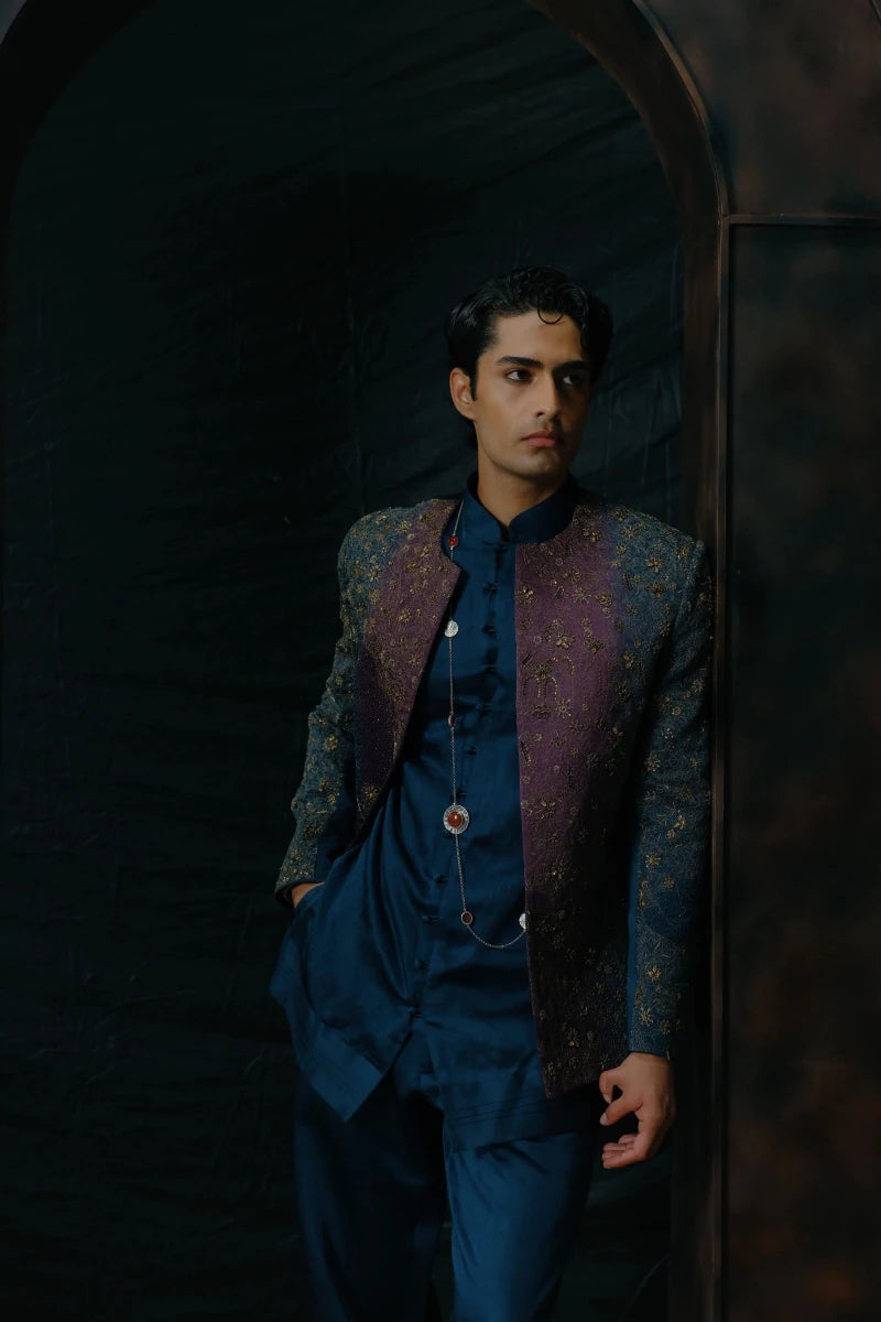 Purple and teal ombre hand embroidered short jacket set