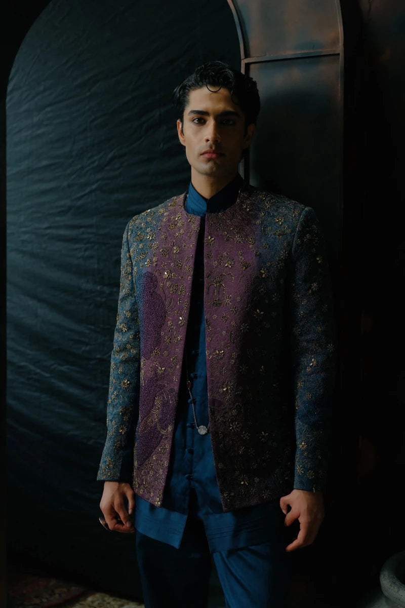 Purple and teal ombre hand embroidered short jacket set