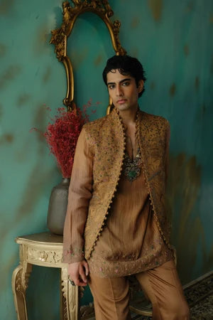 Sunlit Brass hand embroidered Silk Nehru Jacket Set with delicate moif of Radha and Krishna