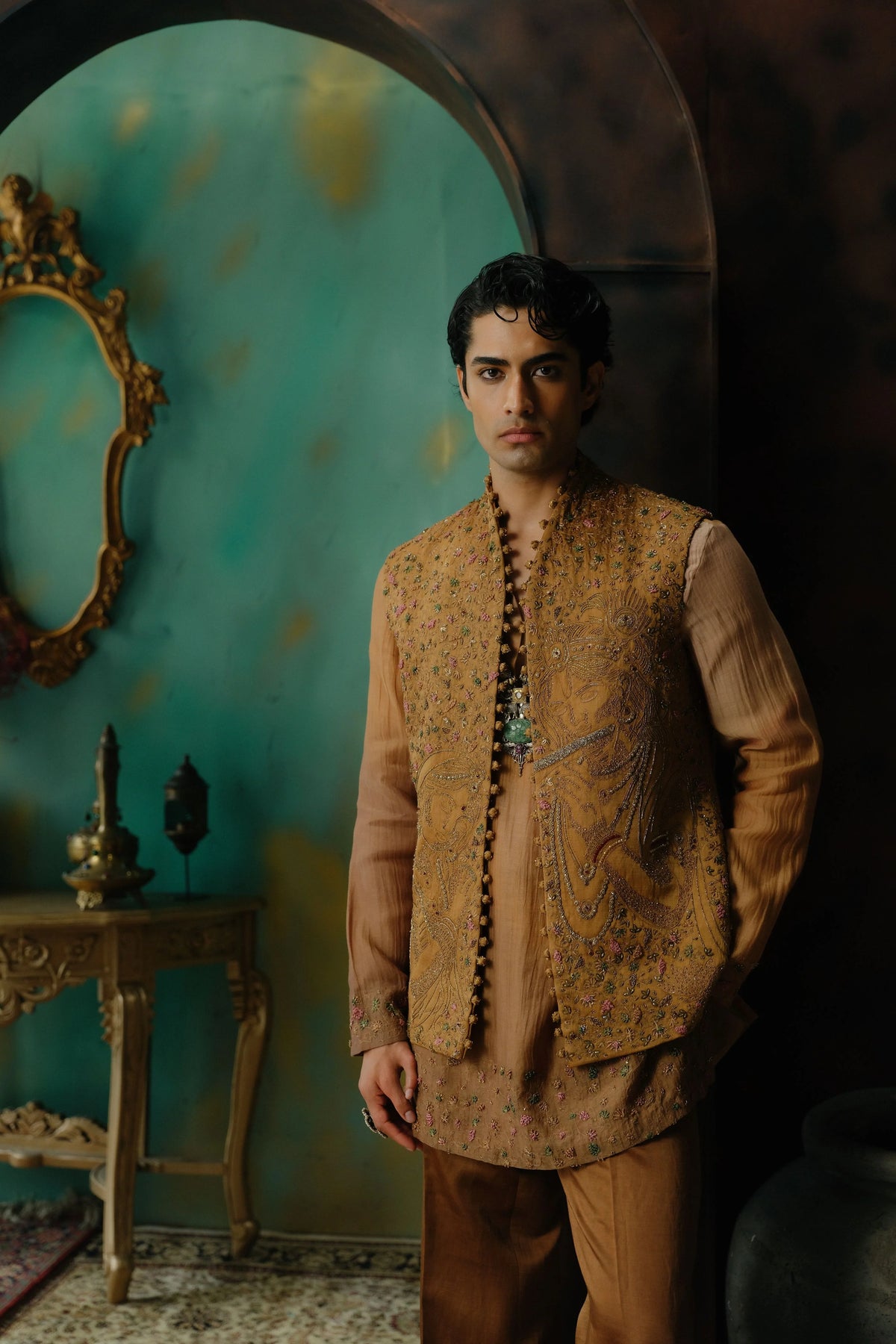 Sunlit Brass hand embroidered Silk Nehru Jacket Set with delicate moif of Radha and Krishna