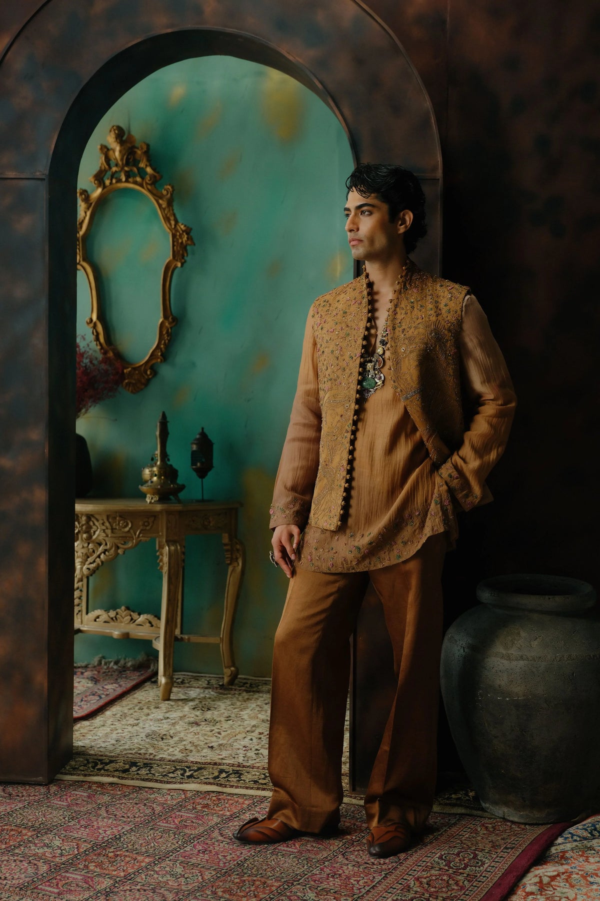 Sunlit Brass hand embroidered Silk Nehru Jacket Set with delicate moif of Radha and Krishna