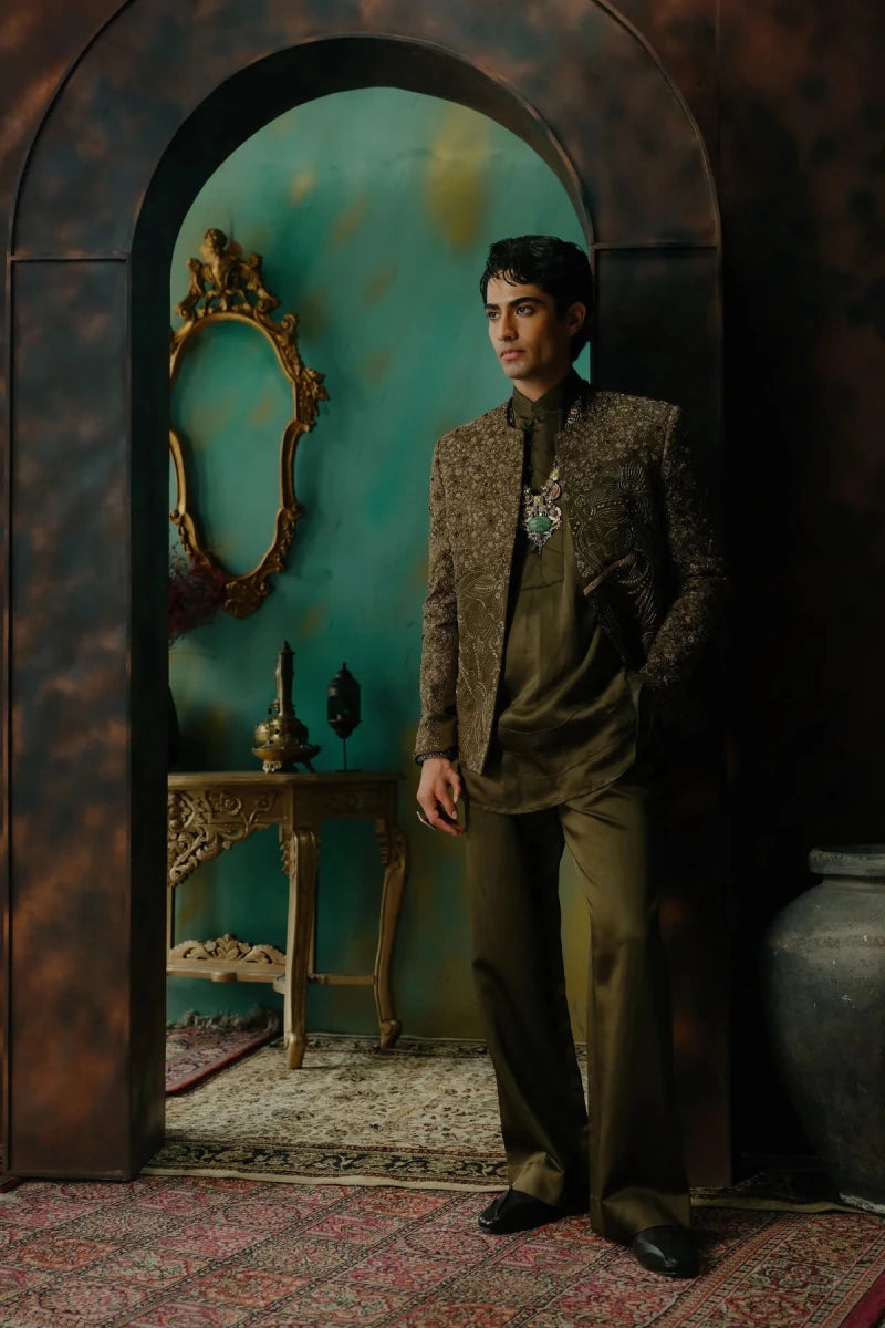 Olive hand embroidered silk short jacket set with radha krishna motif.