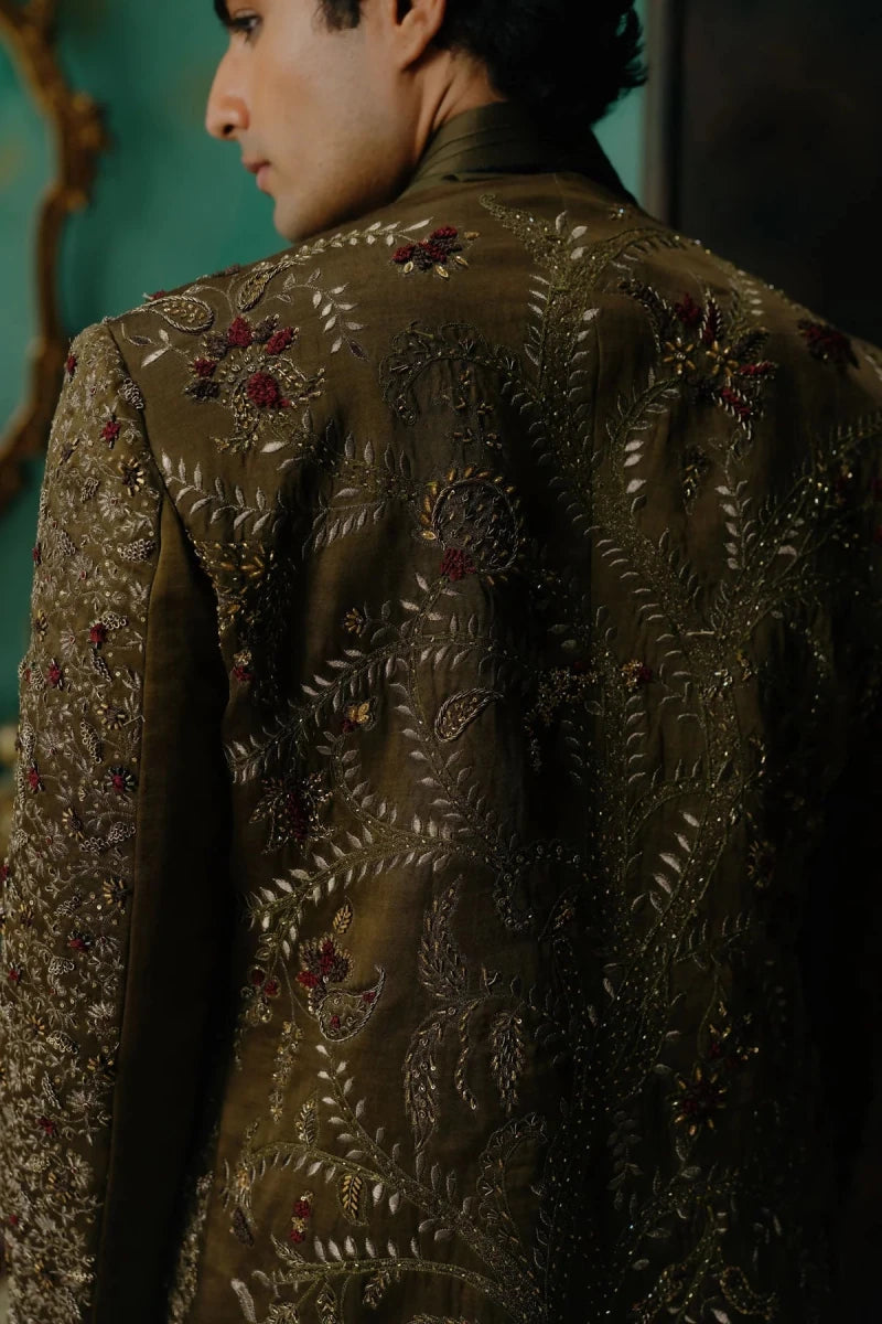 Olive hand embroidered silk short jacket set with radha krishna motif.