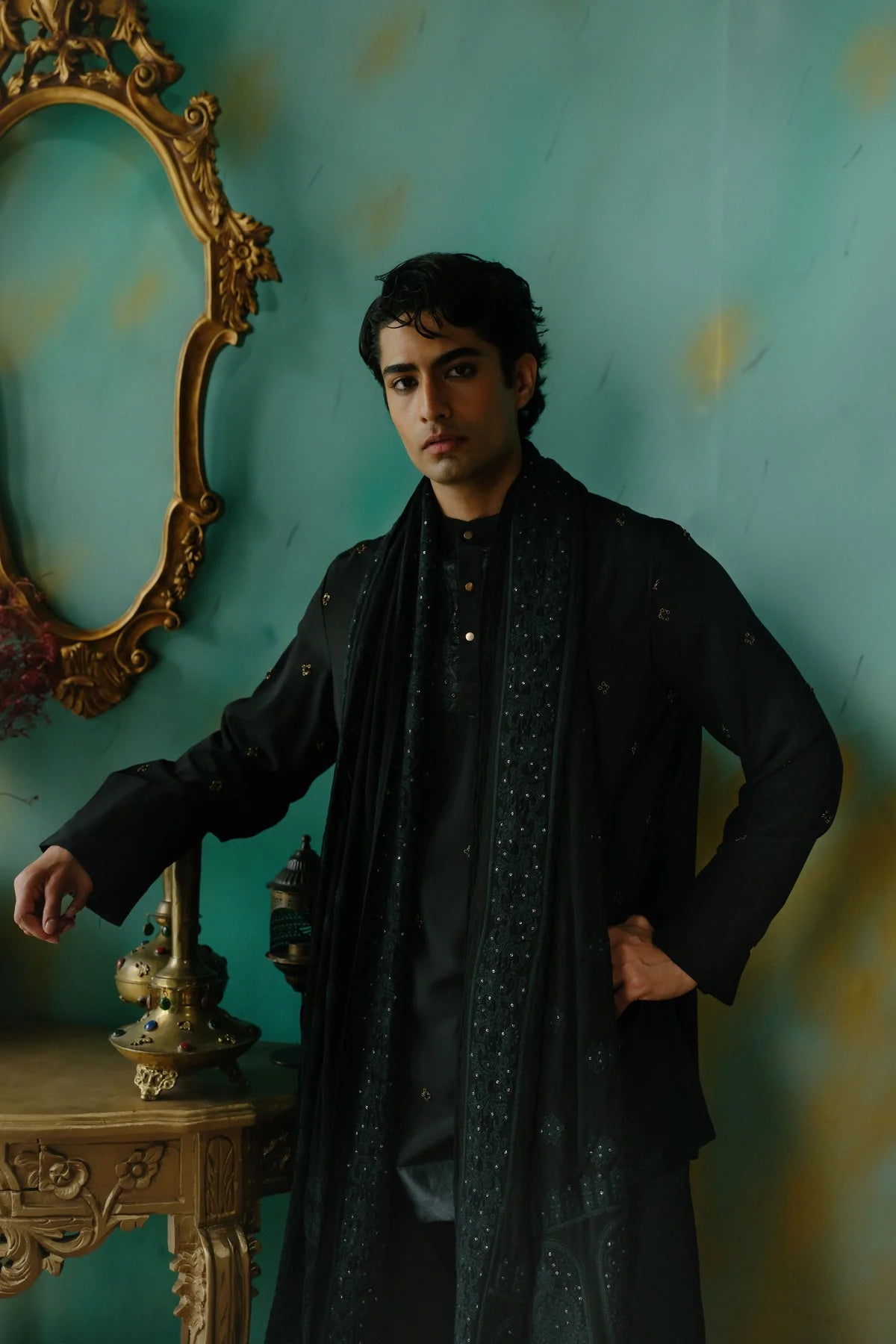 Black traditional thread embroidered kurta set with dupatta