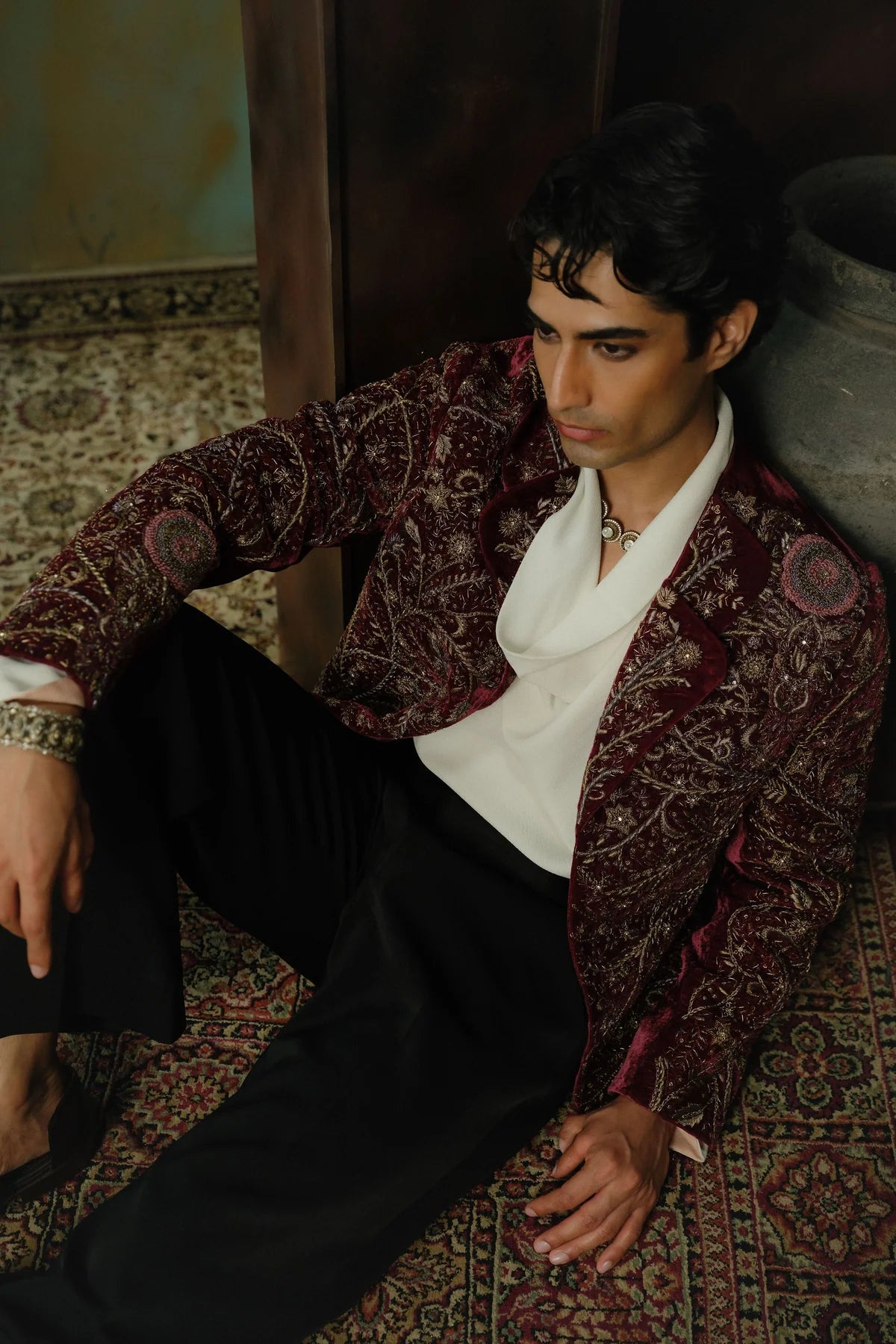 Wine hand embroidered velvet blazer set