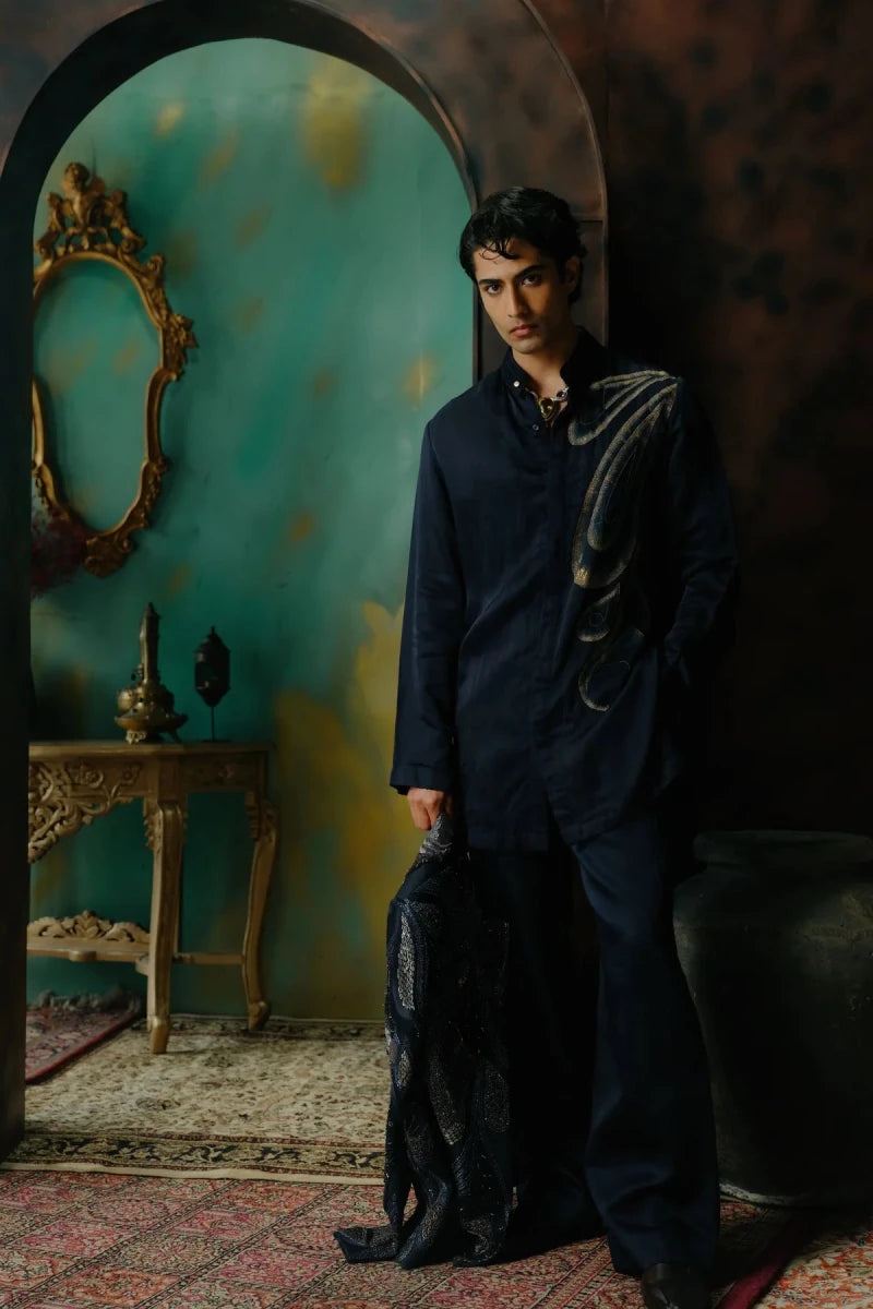 Midnight blue hand painted and hand embroidered kurta set