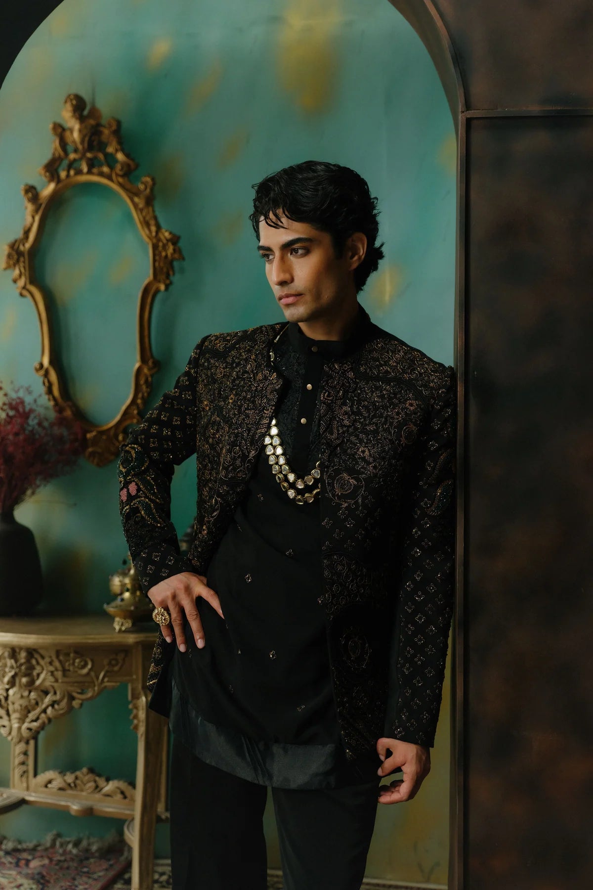 Black hand embroidered short jacket set