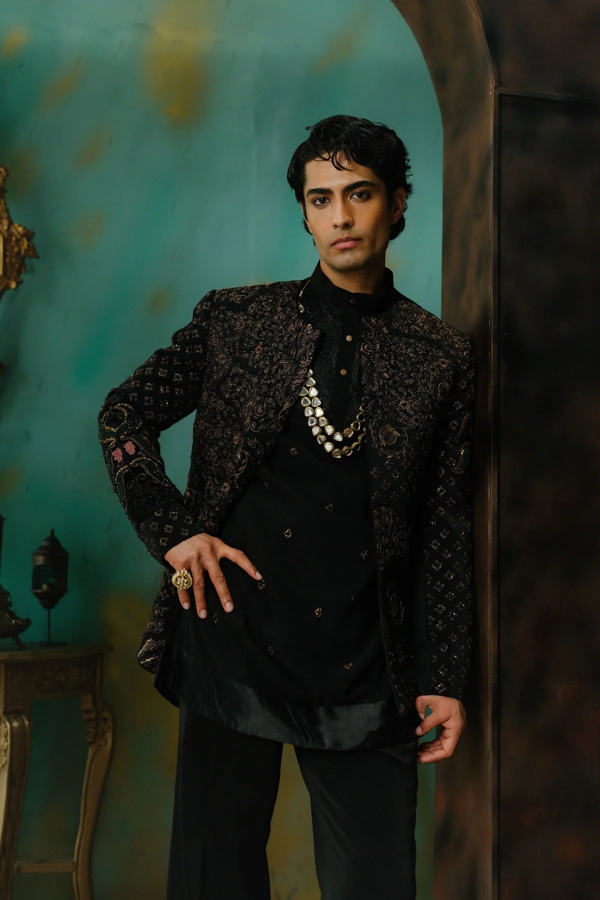 Black hand embroidered short jacket set