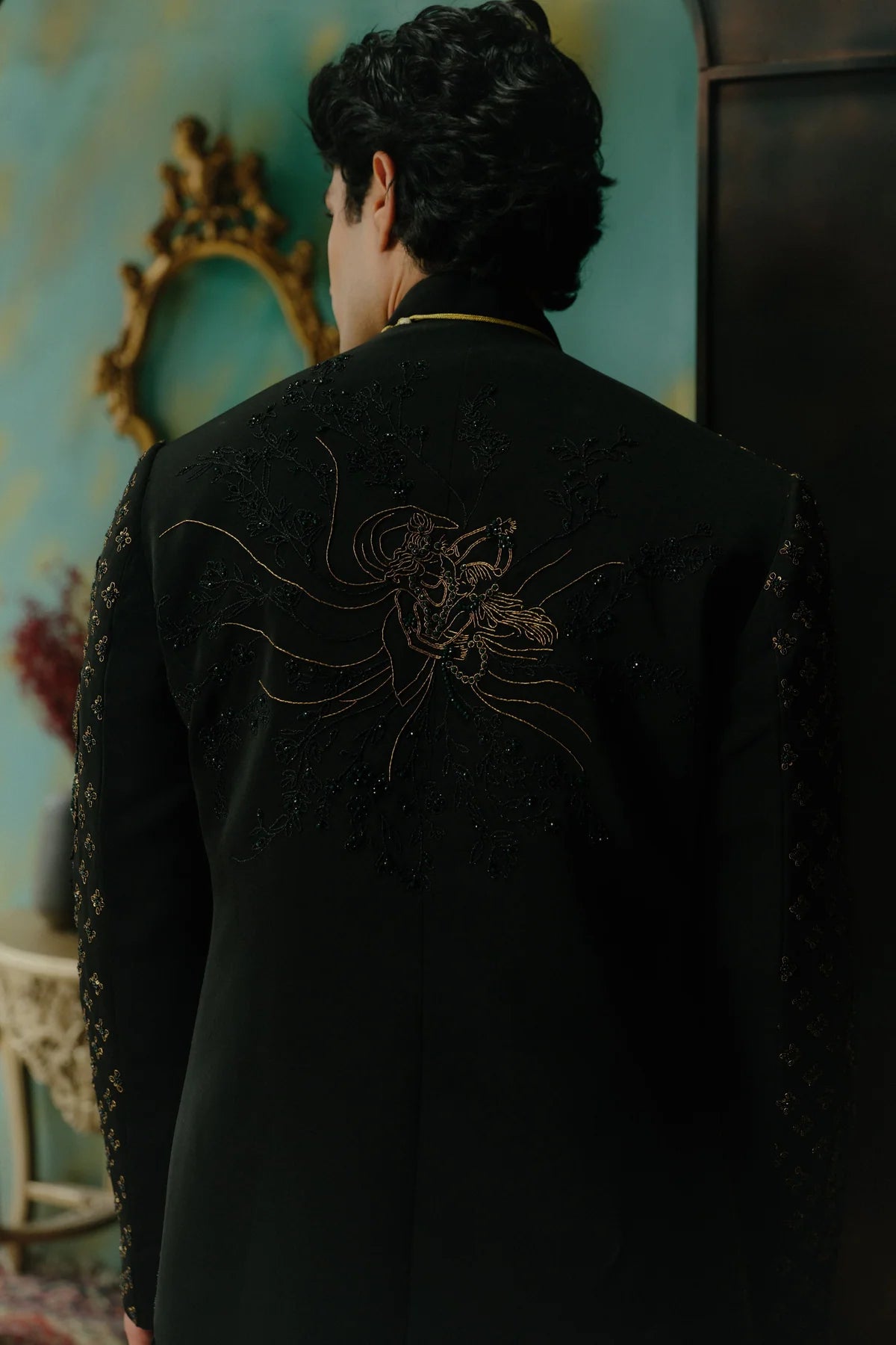 Black hand embroidered short jacket set
