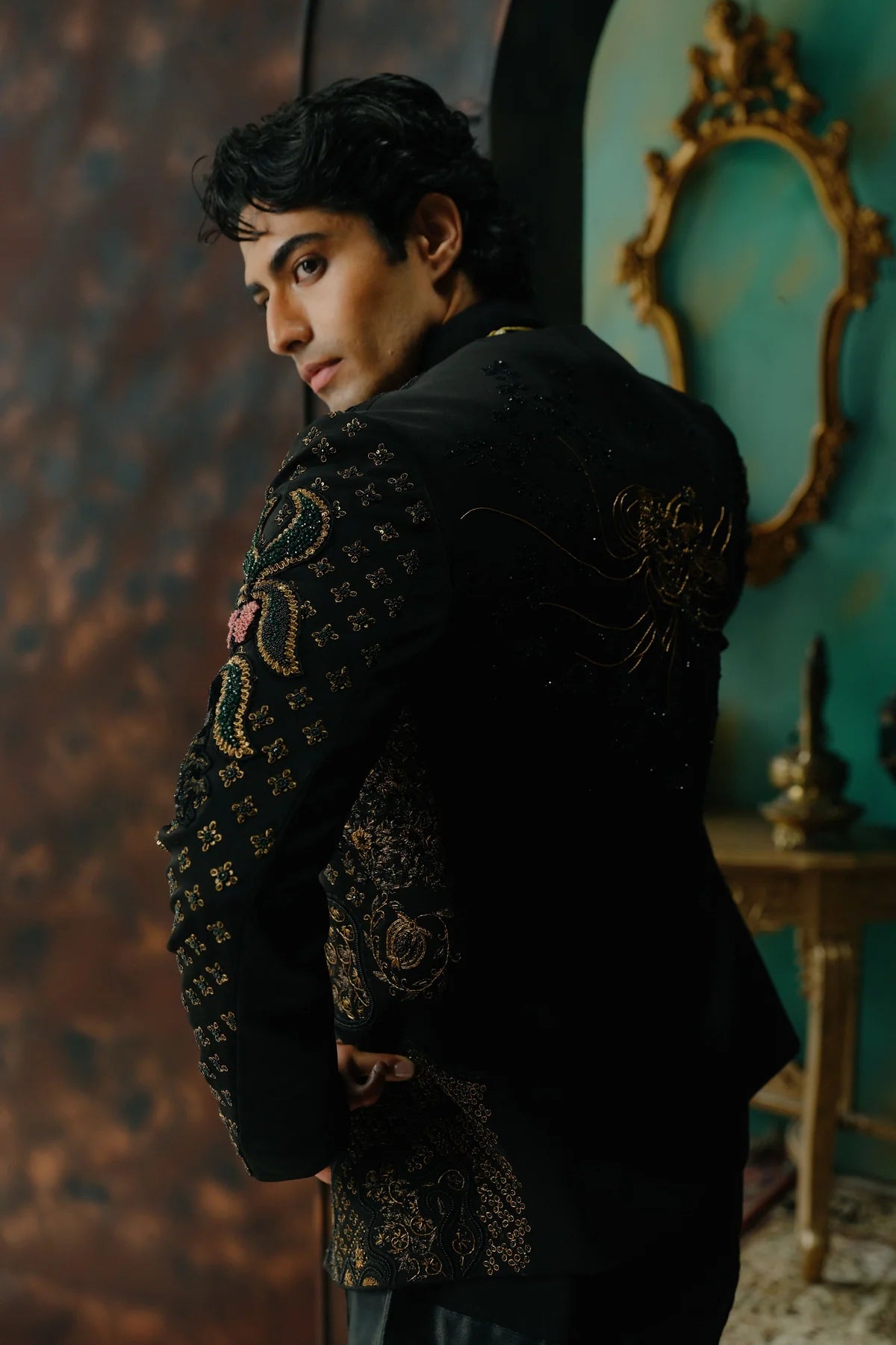 Black hand embroidered short jacket set