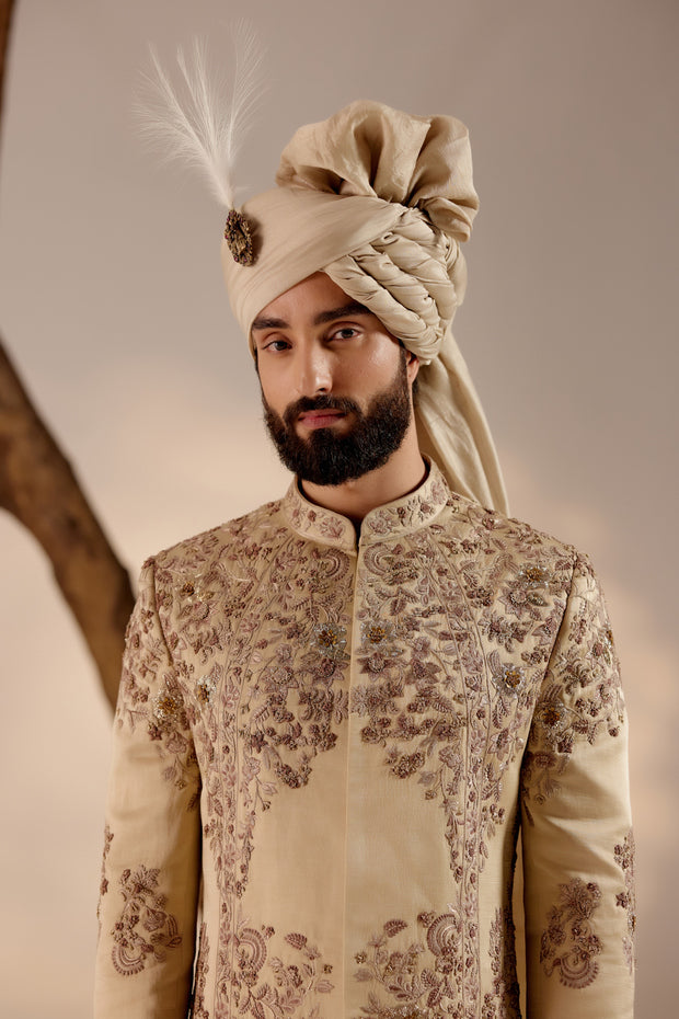 Full view of the Sand Ridge Sherwani on a mannequin, highlighting its refined and elegant silhouette