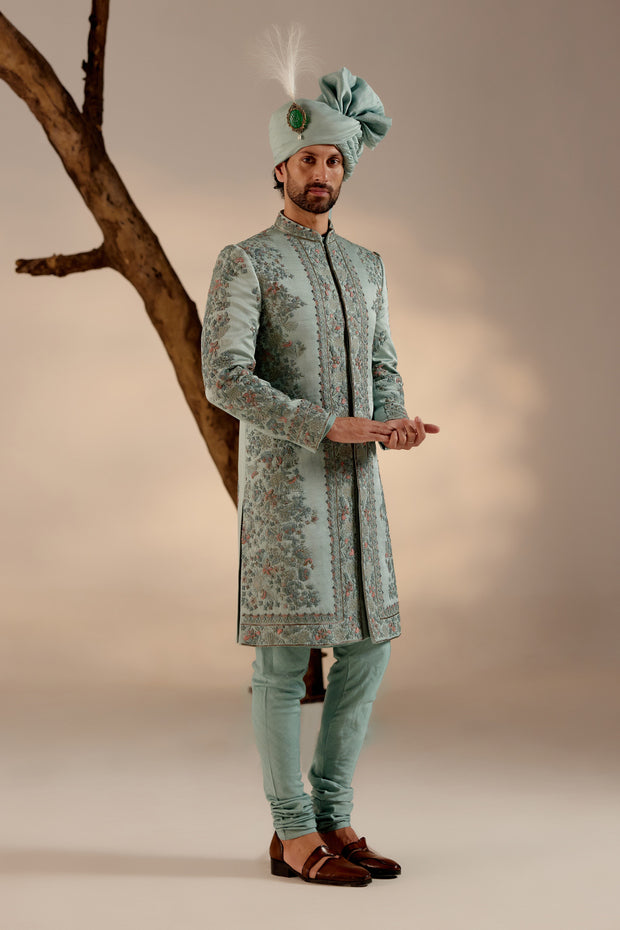 Side profile of the Chateau Bloom Sherwani, displaying the luxurious fabric and subtle texture.