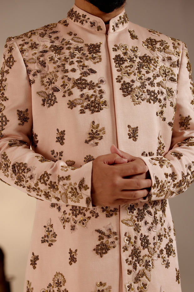 Close-up of the Frosted Almond Sherwani, revealing intricate embroidery and exquisite detailing