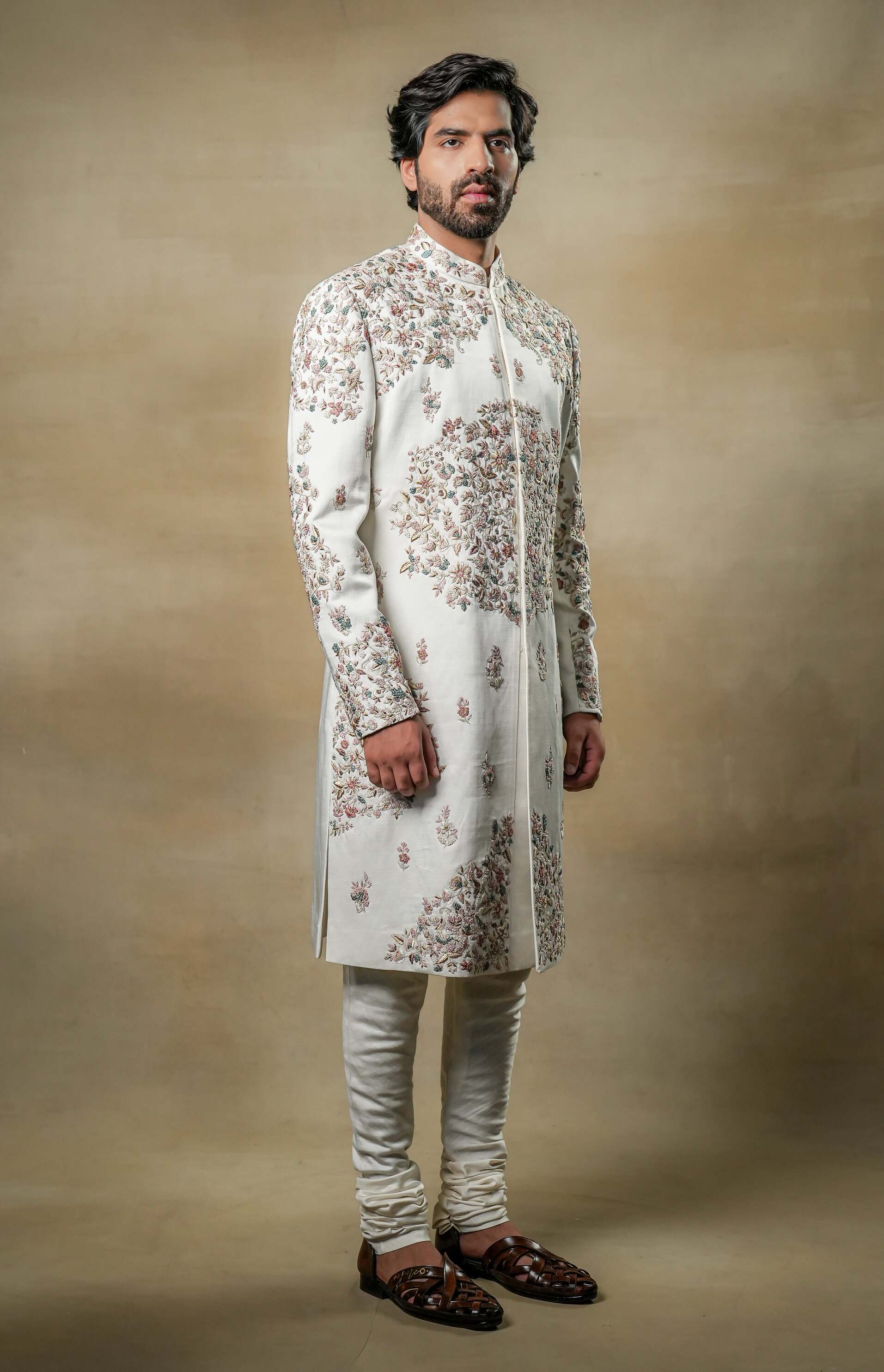 Full view of the Opaline Sherwani on a mannequin, highlighting its refined and elegant silhouette.