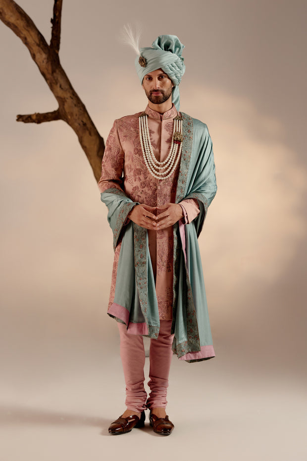 Full view of the Gardenia White Sherwani on a mannequin, highlighting its classic and elegant silhouette