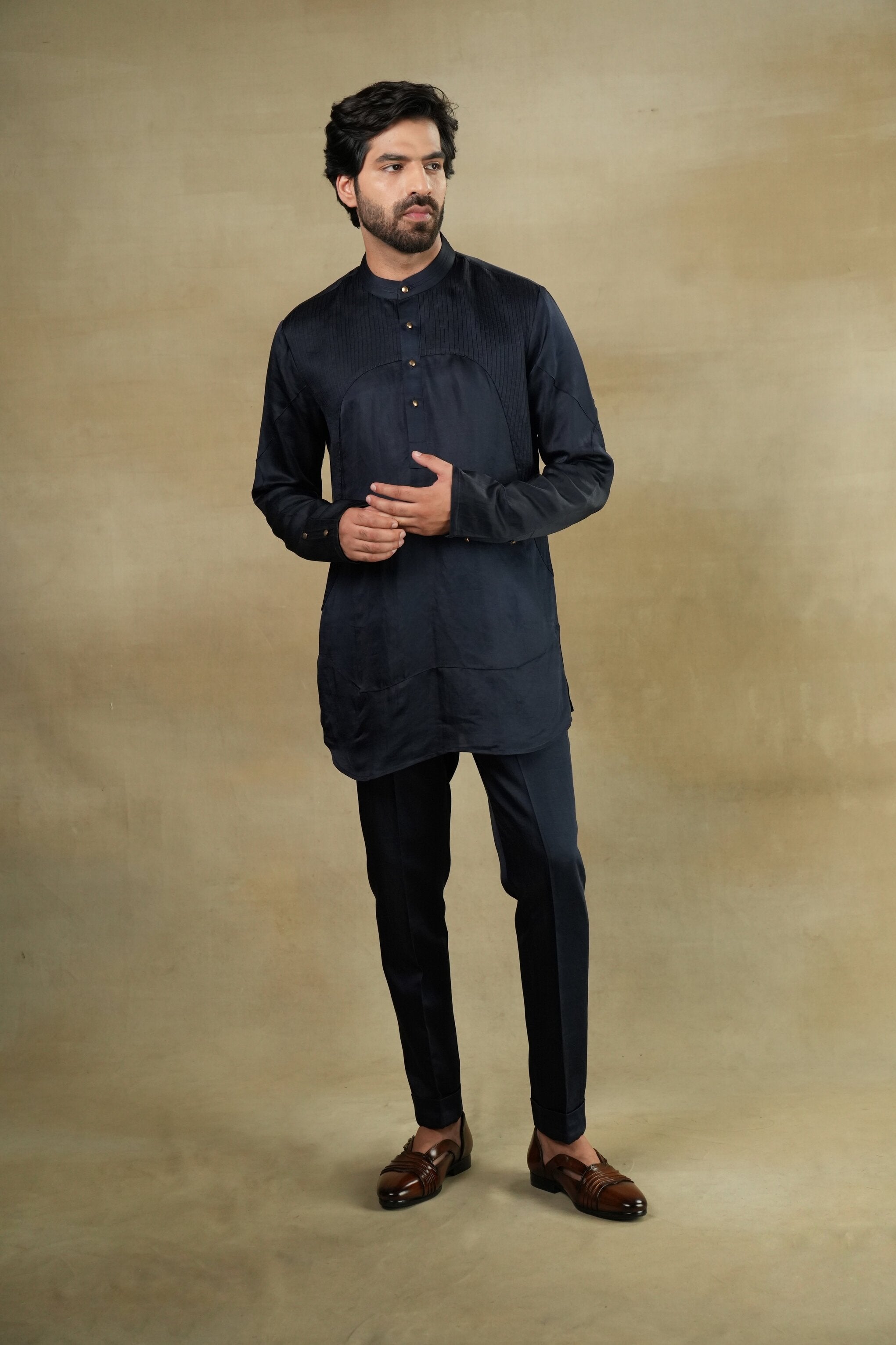 Midnight Blue Linen Silk short-length kurta, designed to elevate your look with its understated sophistication