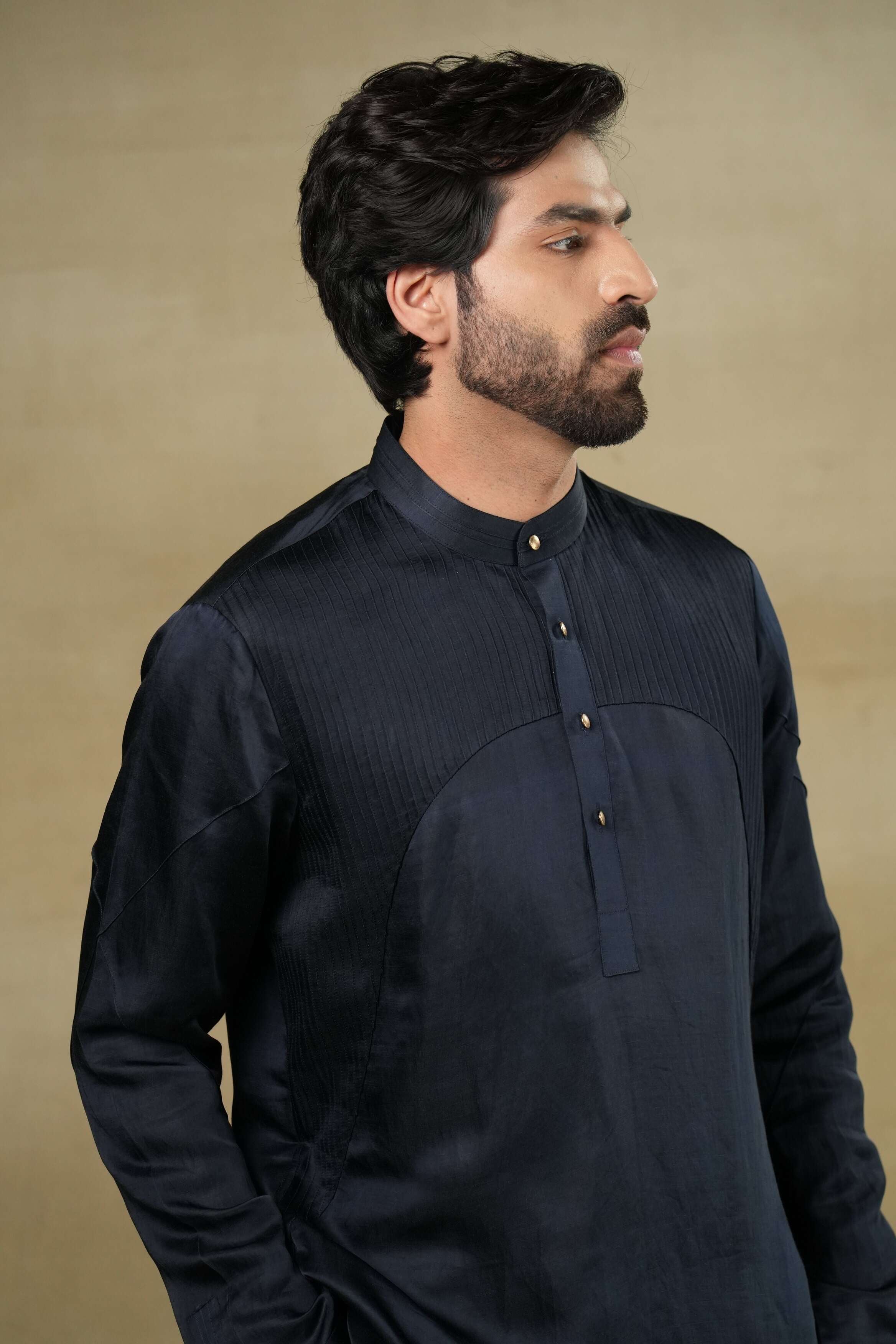 Midnight Blue Linen Silk short-length kurta, designed to elevate your look with its understated sophistication