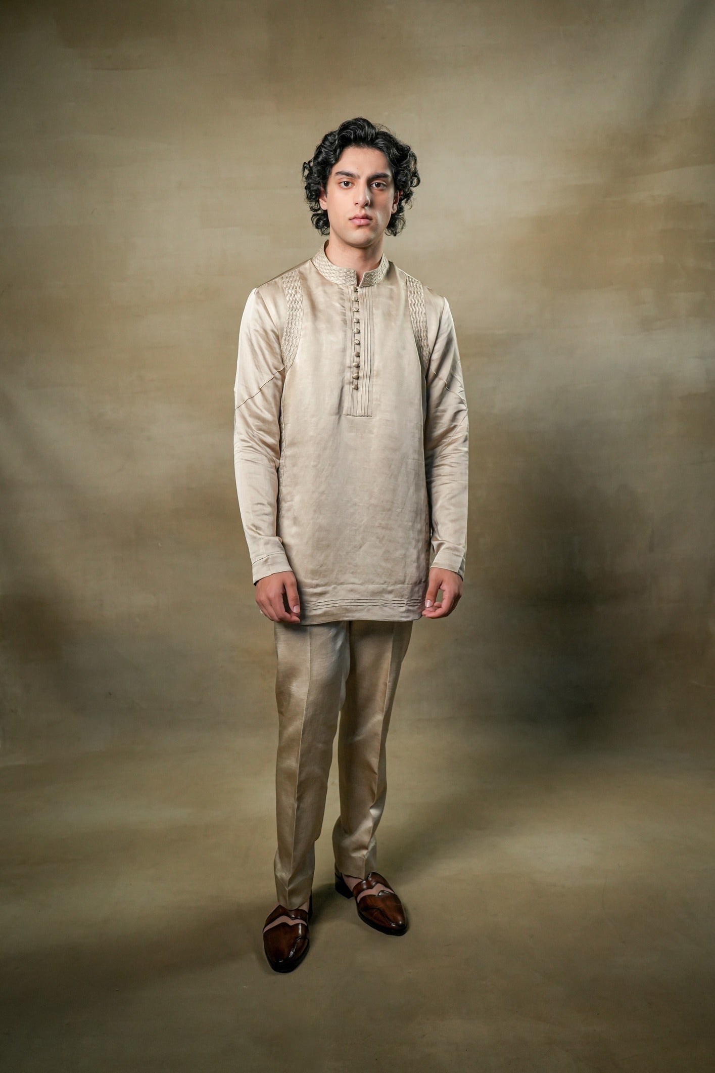 sand grey Linen Silk front potli button kurta, designed to elevate your ensemble with its understated elegance and subtle detailing.