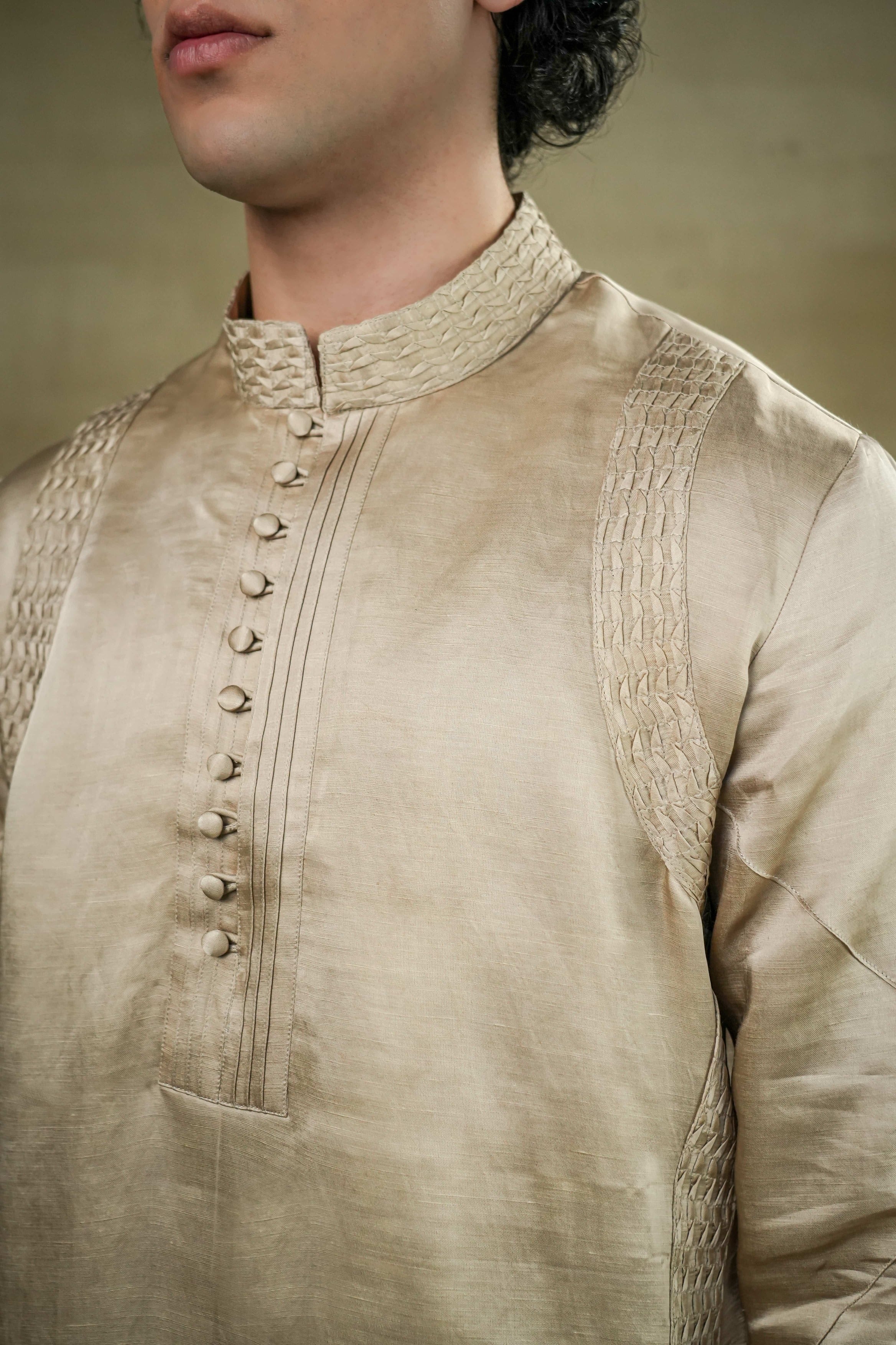 sand grey Linen Silk front potli button kurta, designed to elevate your ensemble with its understated elegance and subtle detailing.
