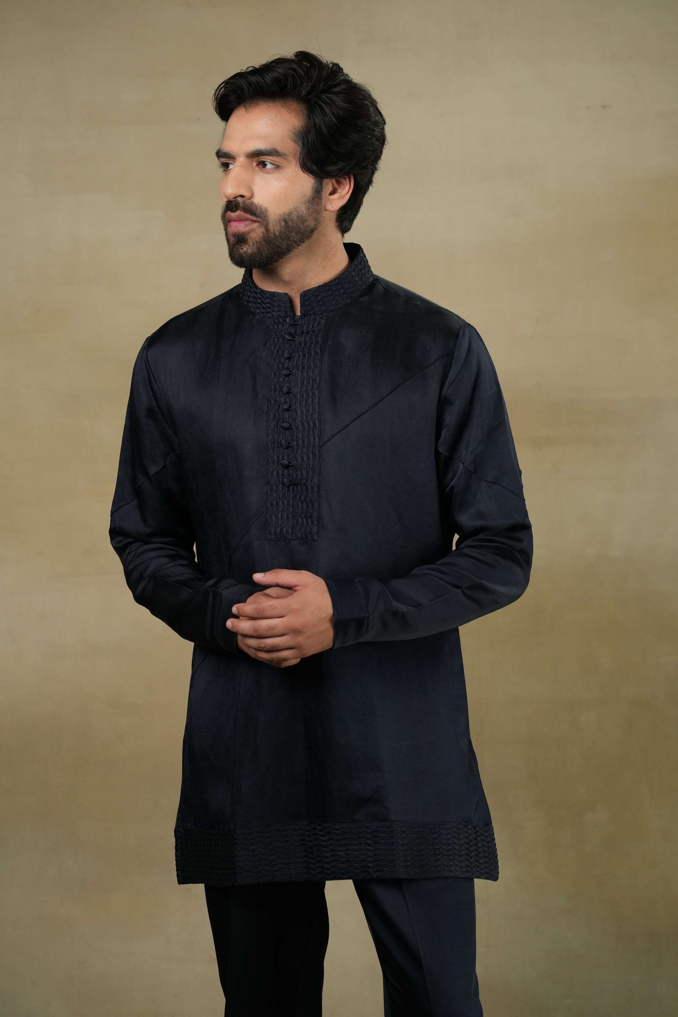  Midnight Blue Linen Silk front potli button kurta, designed to exude sophistication and refinement