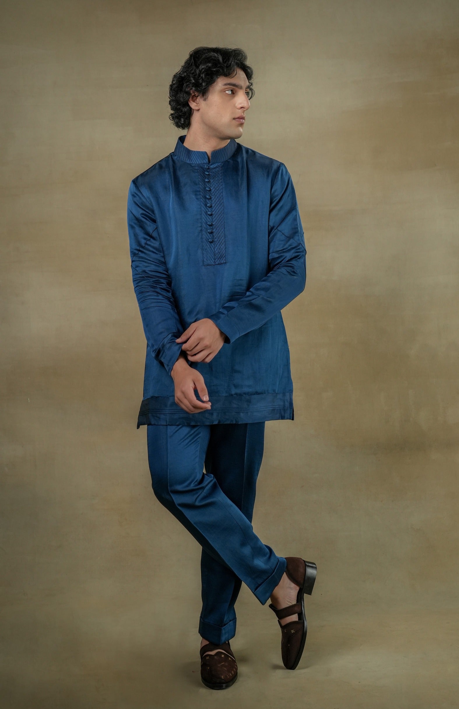 teal Linen Silk front potli button kurta, a refreshing take on classic elegance