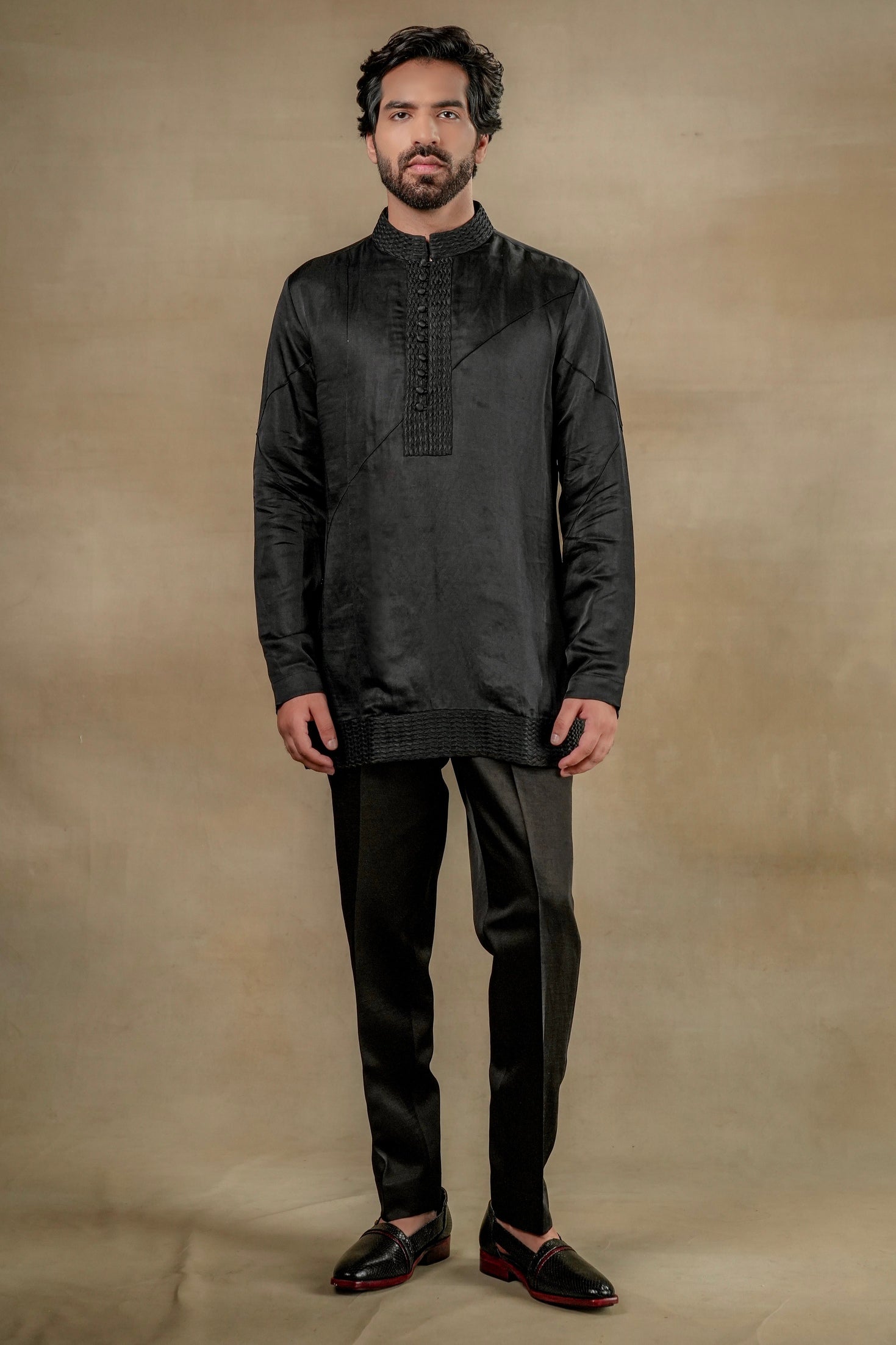 Black Linen Silk front potli button kurta, a versatile piece designed to enhance your wardrobe with understated elegance