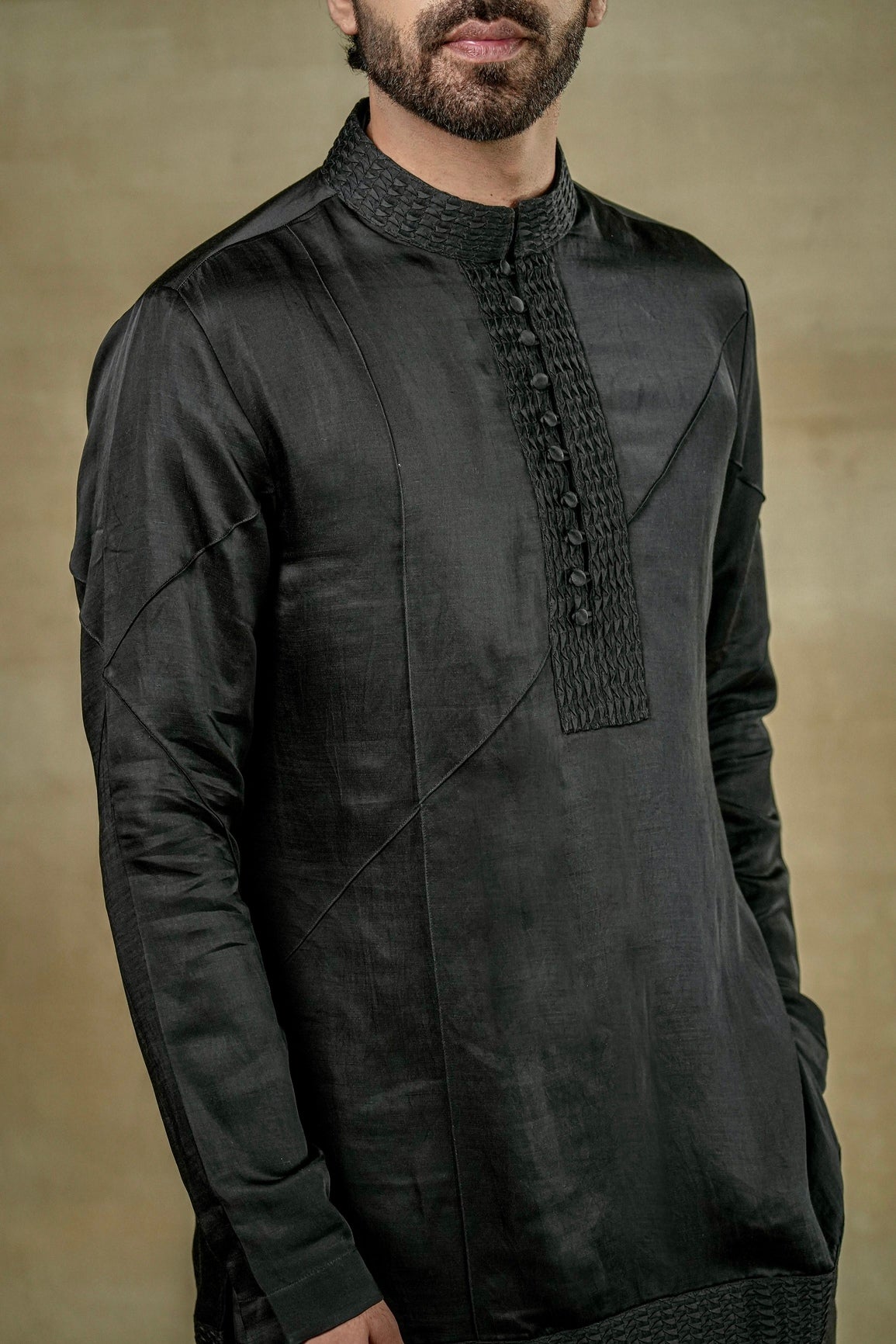Black Linen Silk front potli button kurta, a versatile piece designed to enhance your wardrobe with understated elegance
