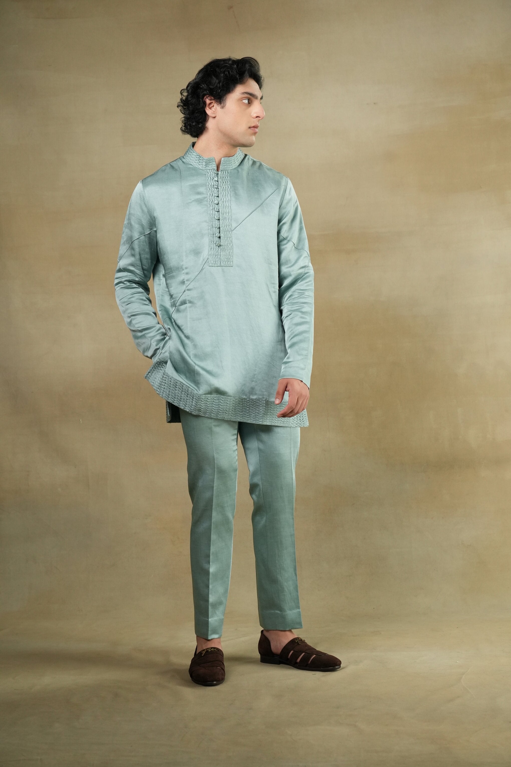 chateau grey Linen Silk front potli button kurta, a timeless piece designed to elevate your ensemble with its understated elegance