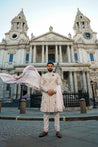 Front view of the Lilac Blush sherwani, featuring a unique blend of grey and lilac hues inspired by Monet's color palette, with intricate hand-embroidered aari and zardozi work