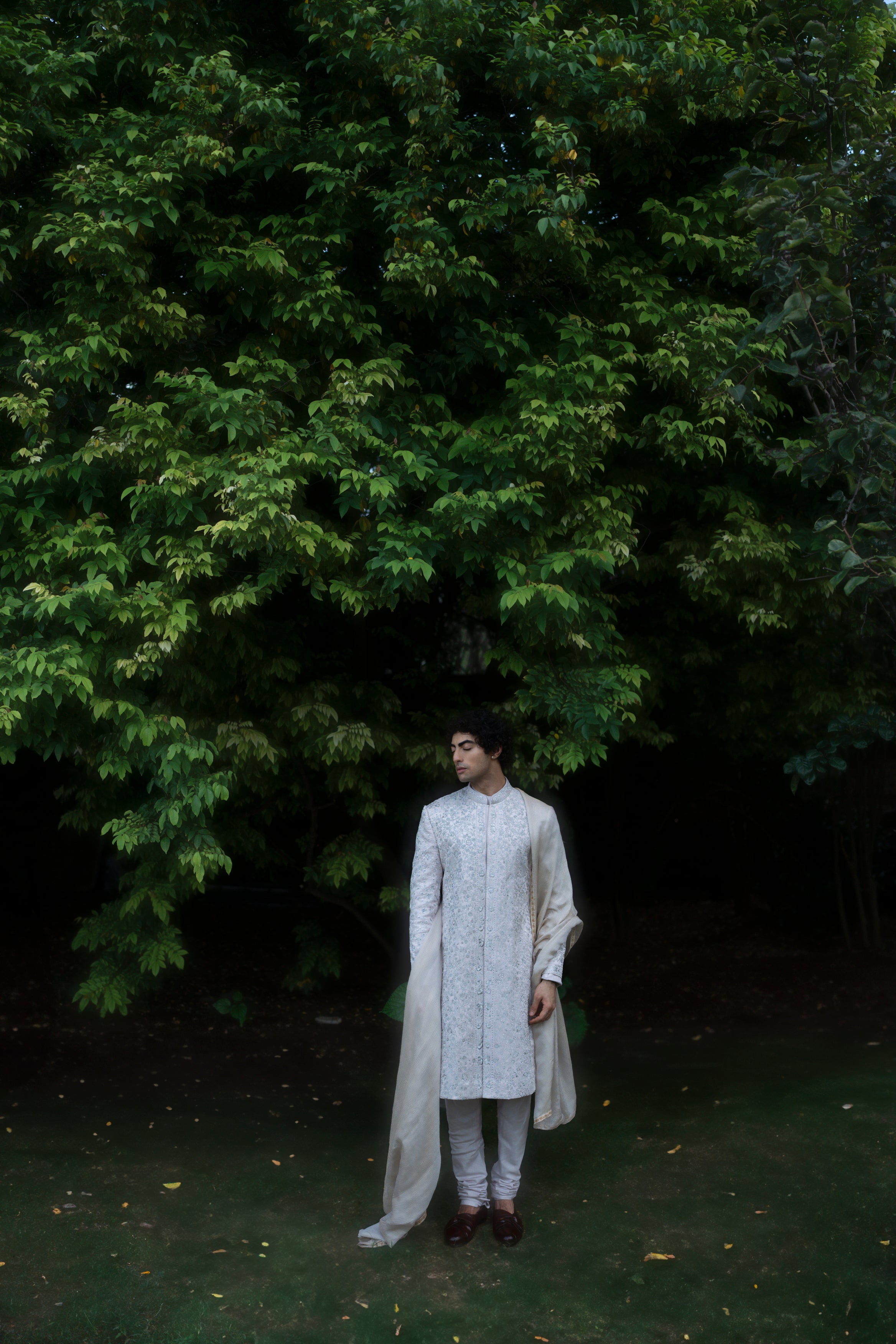 Close-up of the aari and zardozi hand embroidery on the Lilac Grey Rose sherwani, showcasing the luxurious craftsmanship and artistic design