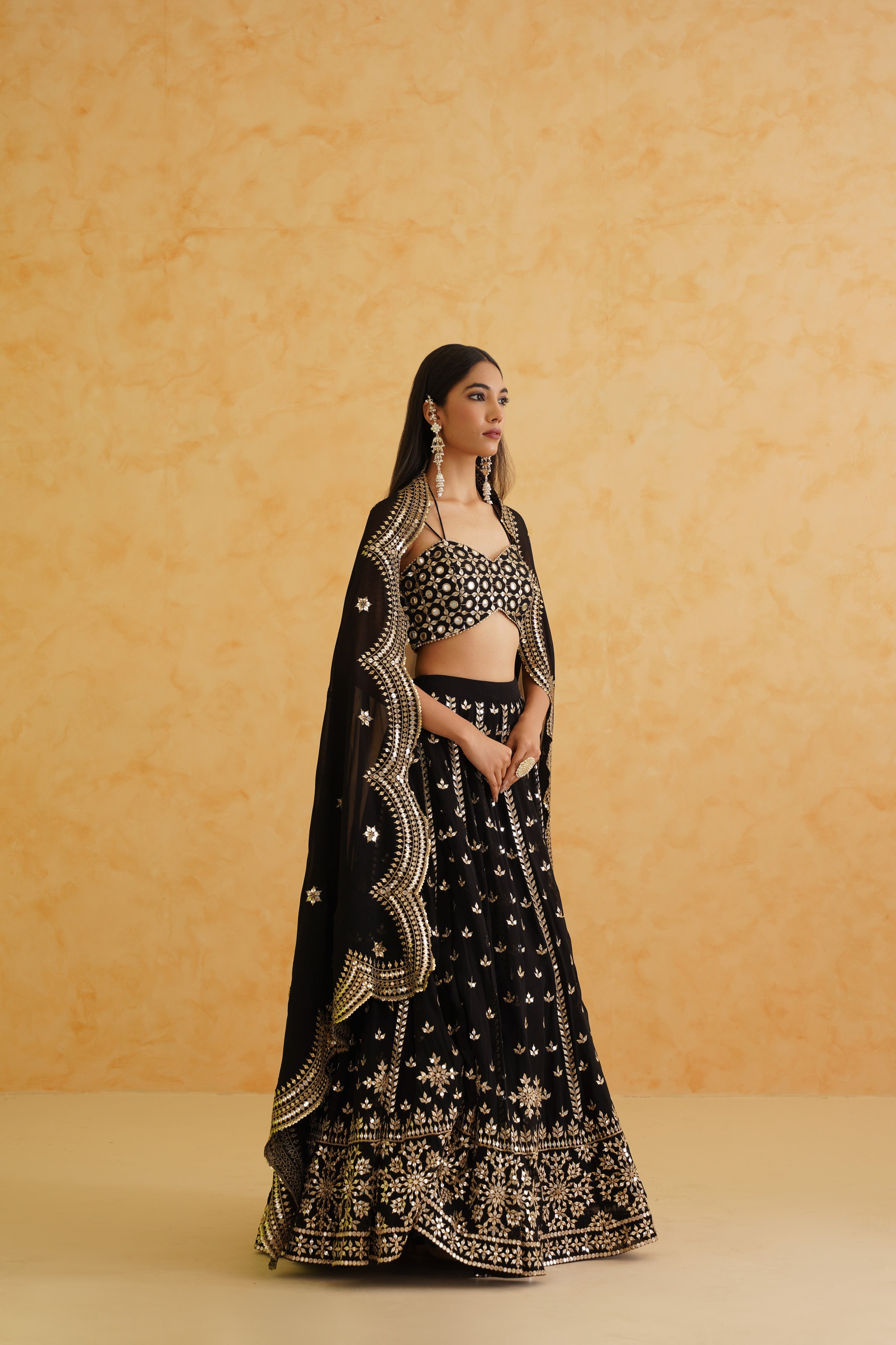 Stunning black lehenga set featuring a beautifully embroidered blouse with crystals and zari, designed for a glamorous look.