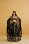 Fashionable black lehenga outfit featuring a comfortable georgette fabric and intricately detailed embroidery, perfect for day or night events.