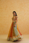 Chic multi-colored net lehenga adorned with a fashionable brocade blouse, perfect for day or night events.