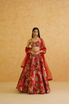 Red printed Dupian fabric lehenga with gold crystal, sequin, and bead embroidery.