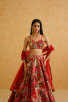 Traditional Indian wedding attire: a red lehenga with gold embroidery and a net dupatta.