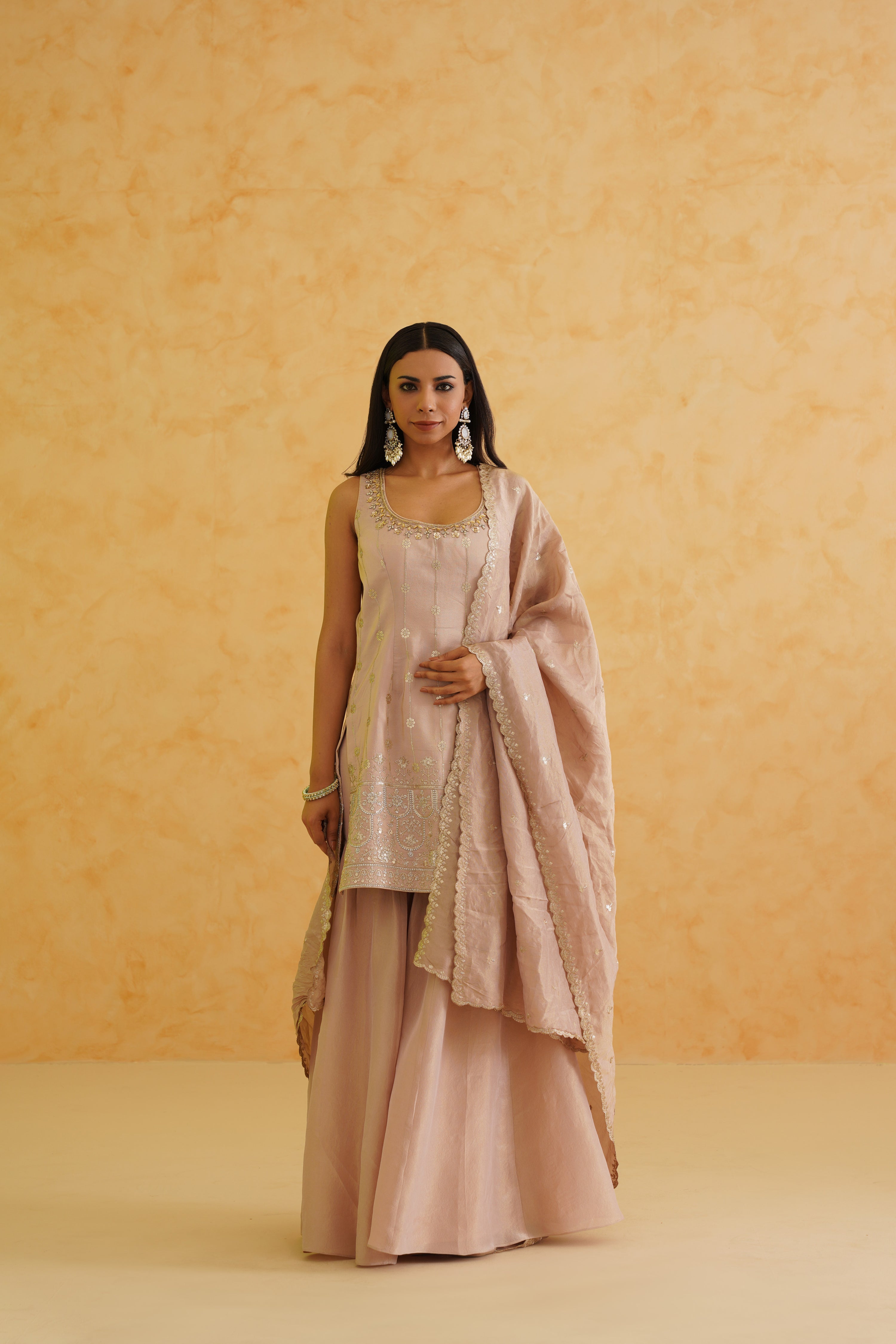 A feminine and elegant blush pink sharara ensemble with floral motifs.