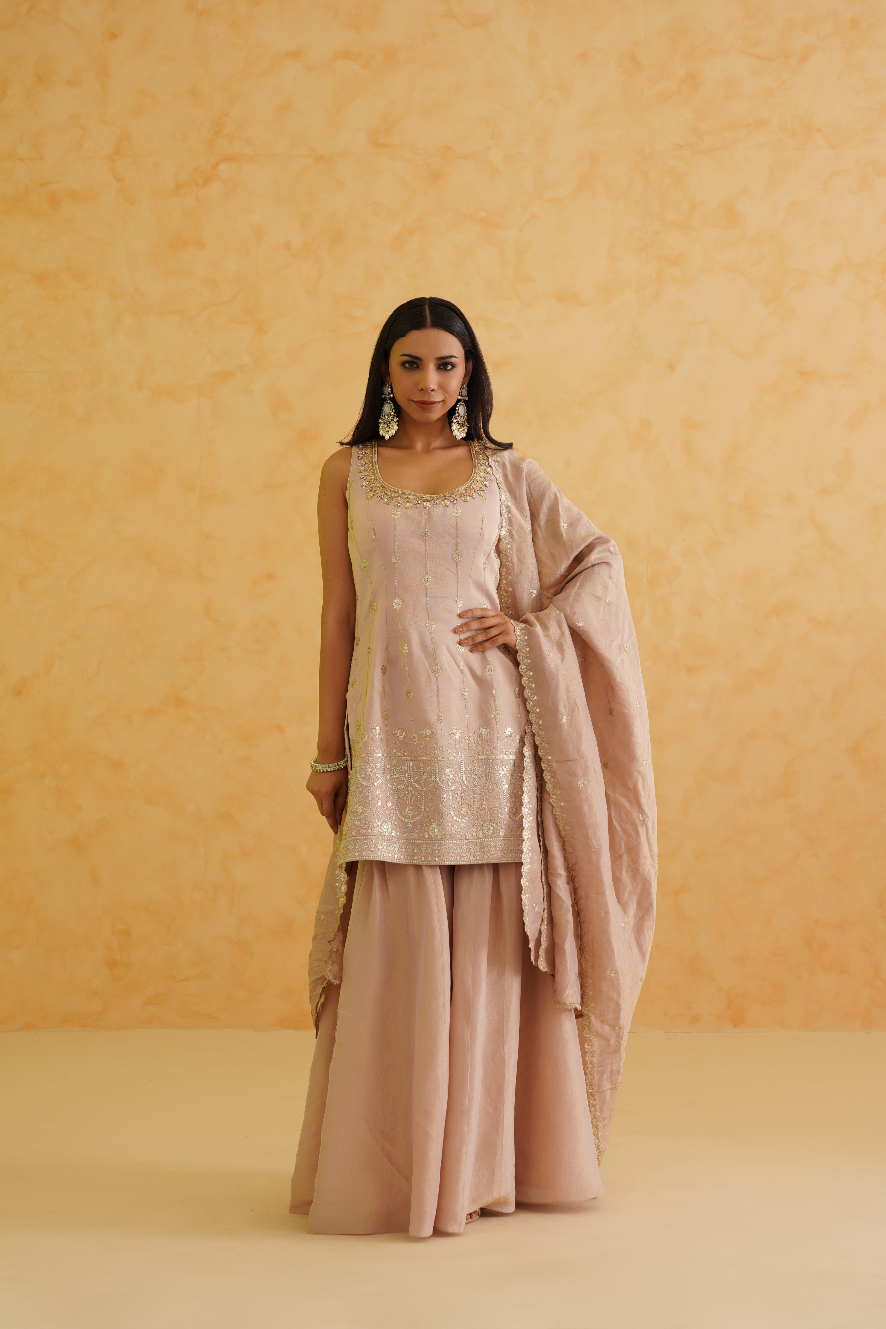 A timeless blush pink sharara with a touch of luxury and sophistication.