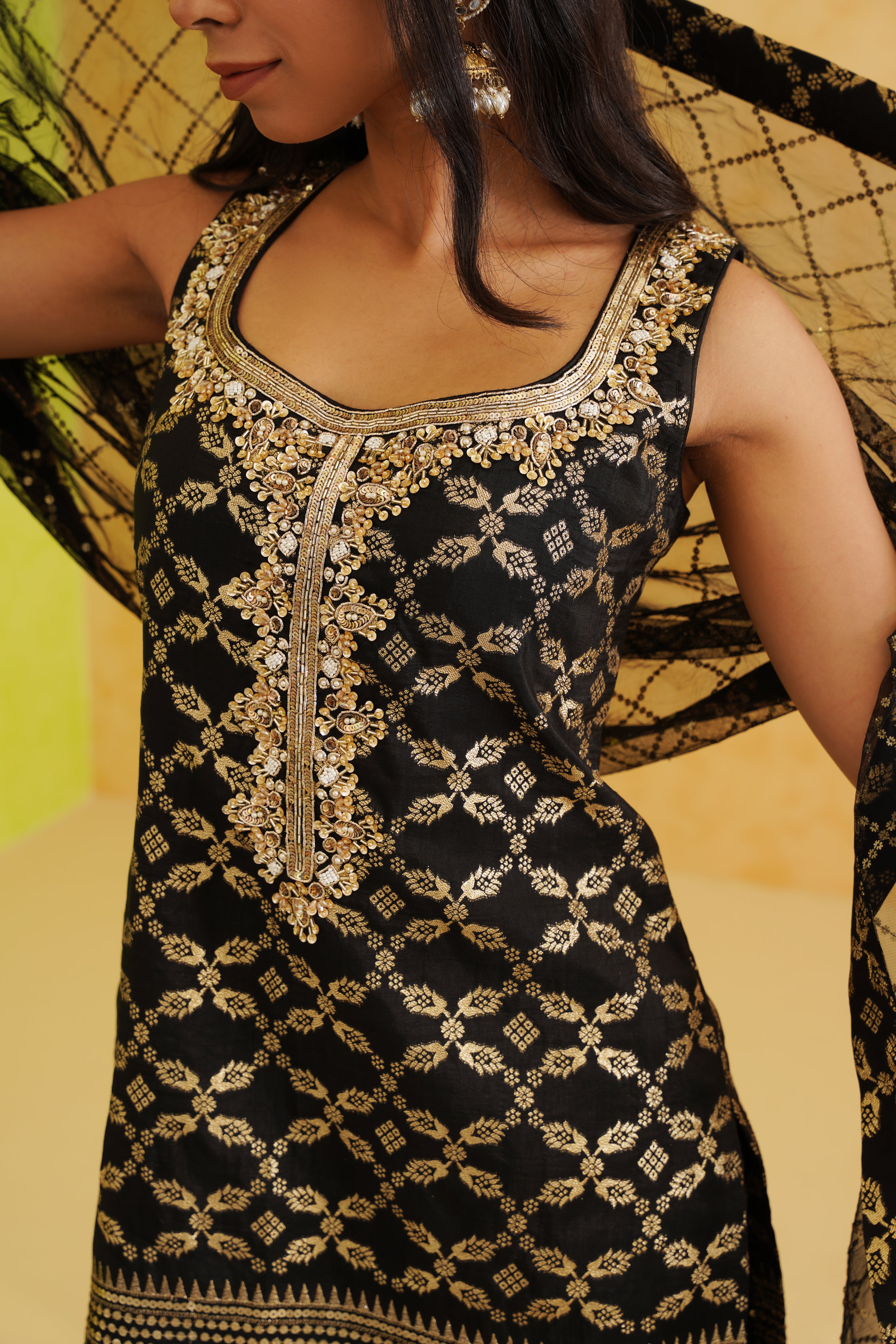 Deepika Chadha-inspired black brocade kurti with intricate crystal, stone, and sequin embroidery.