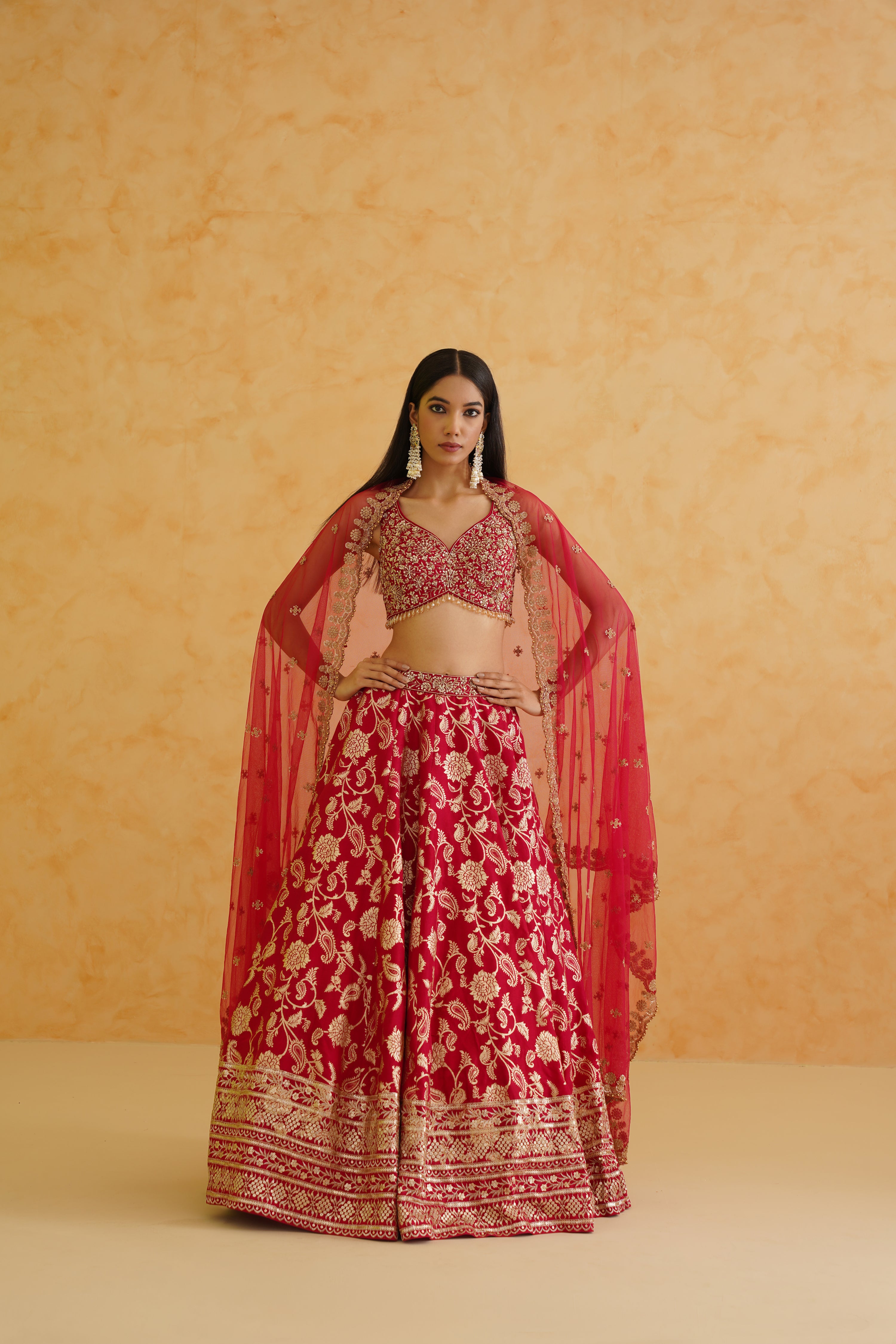 A stunning fuchsia brocade lehenga with intricate crystal, stone, and sequin work, perfect for special occasions.