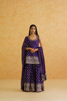 Purple brocade kurti, crystal embroidery, flowy sharara, georgette dupatta, Indian ethnic wear.