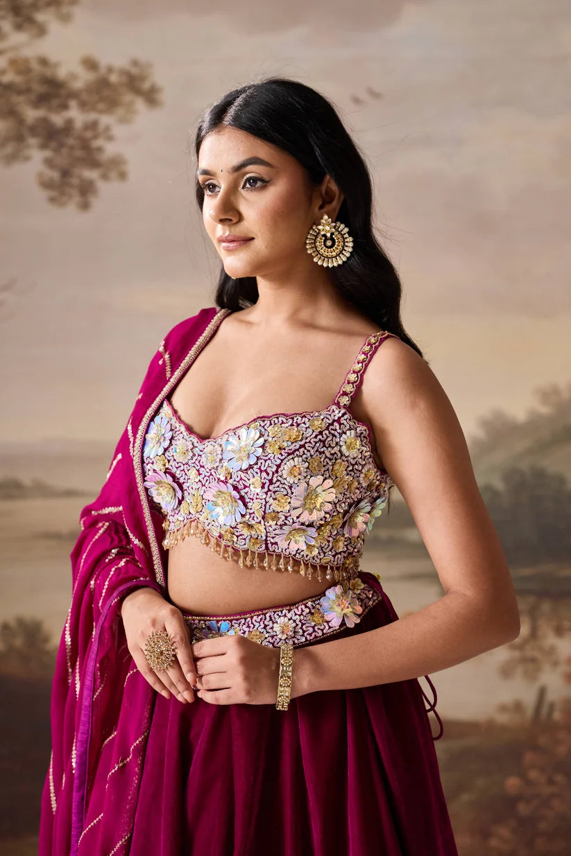 Purple embroidered bustier and velvet lehnga set