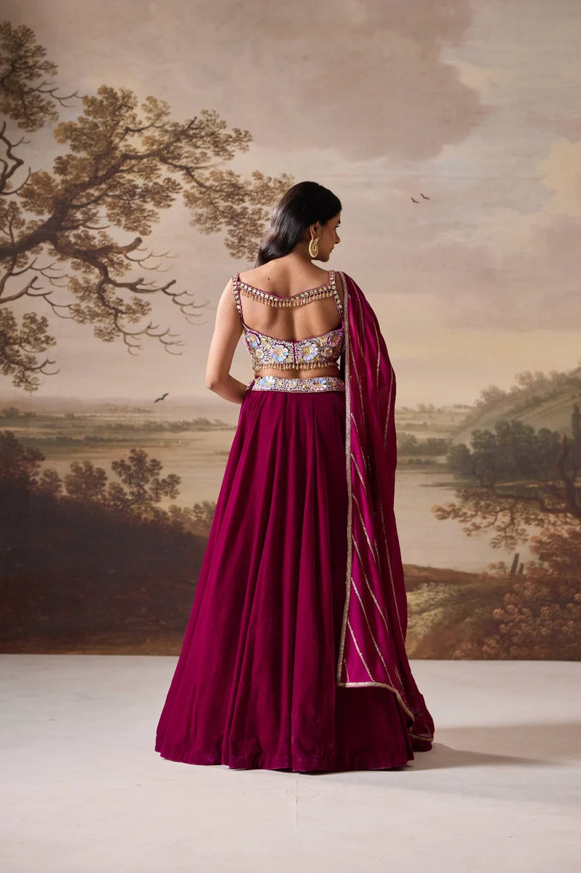 Purple embroidered bustier and velvet lehnga set