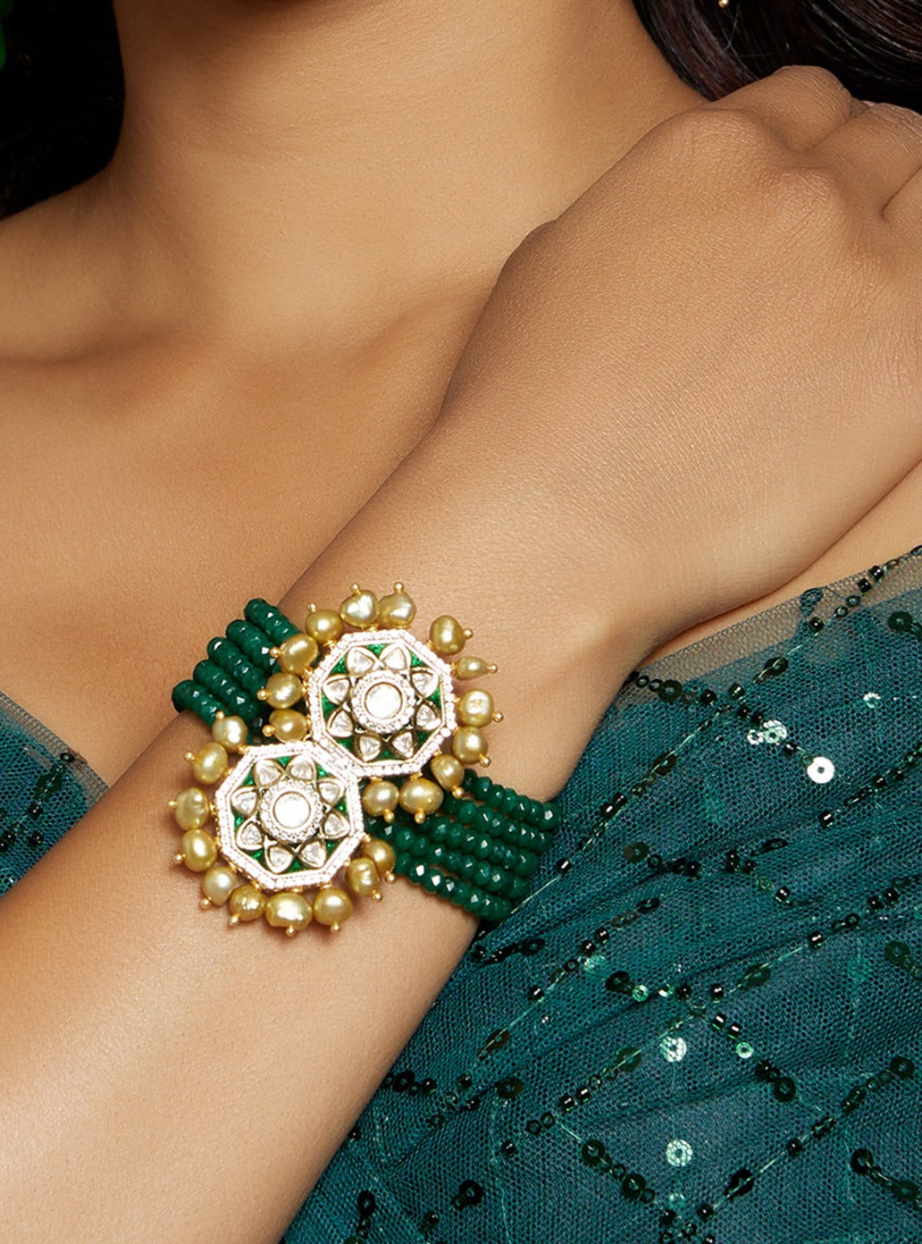 Alluring Green & Golden Polki Bracelet