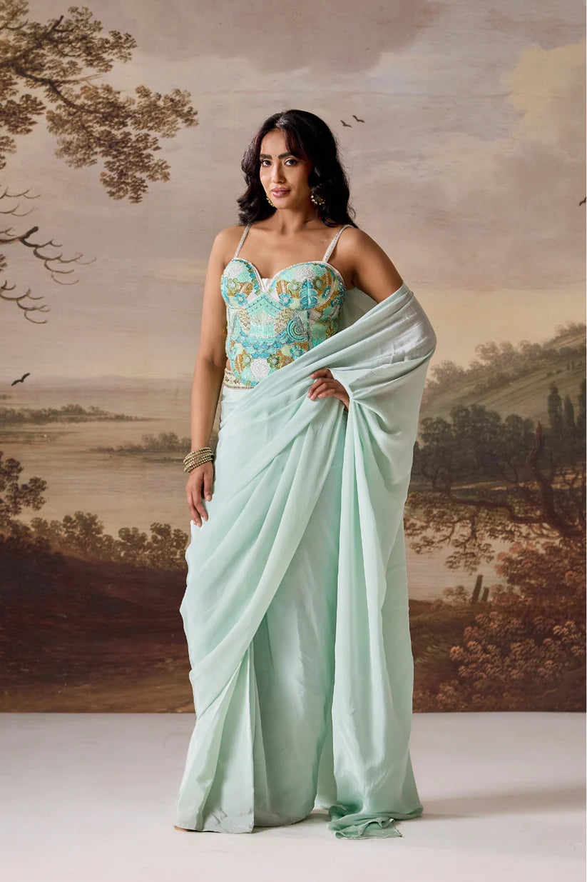 Mint green embroidered Corset, stitched saree set