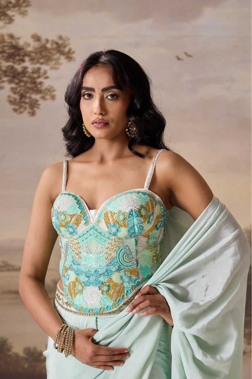 Mint green embroidered Corset, stitched saree set