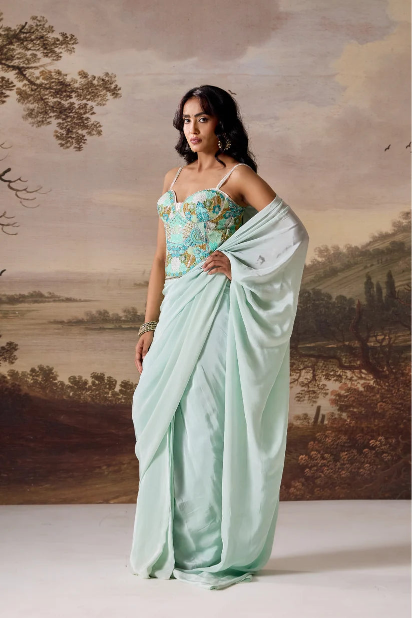 Mint green embroidered Corset, stitched saree set