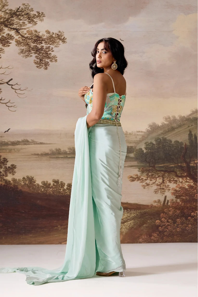 Mint green embroidered Corset, stitched saree set