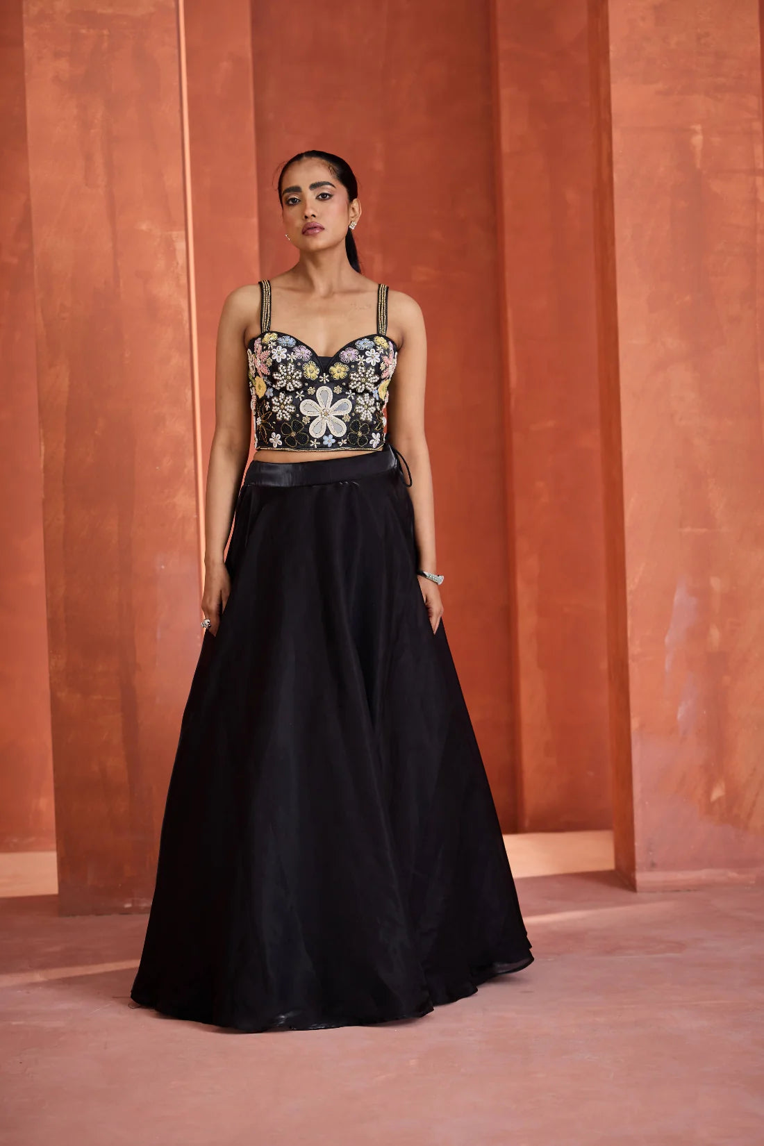 Black embroidered corset, lehnga set