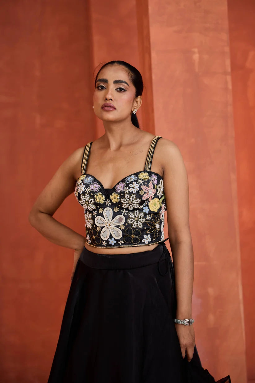 Black embroidered corset, lehnga set